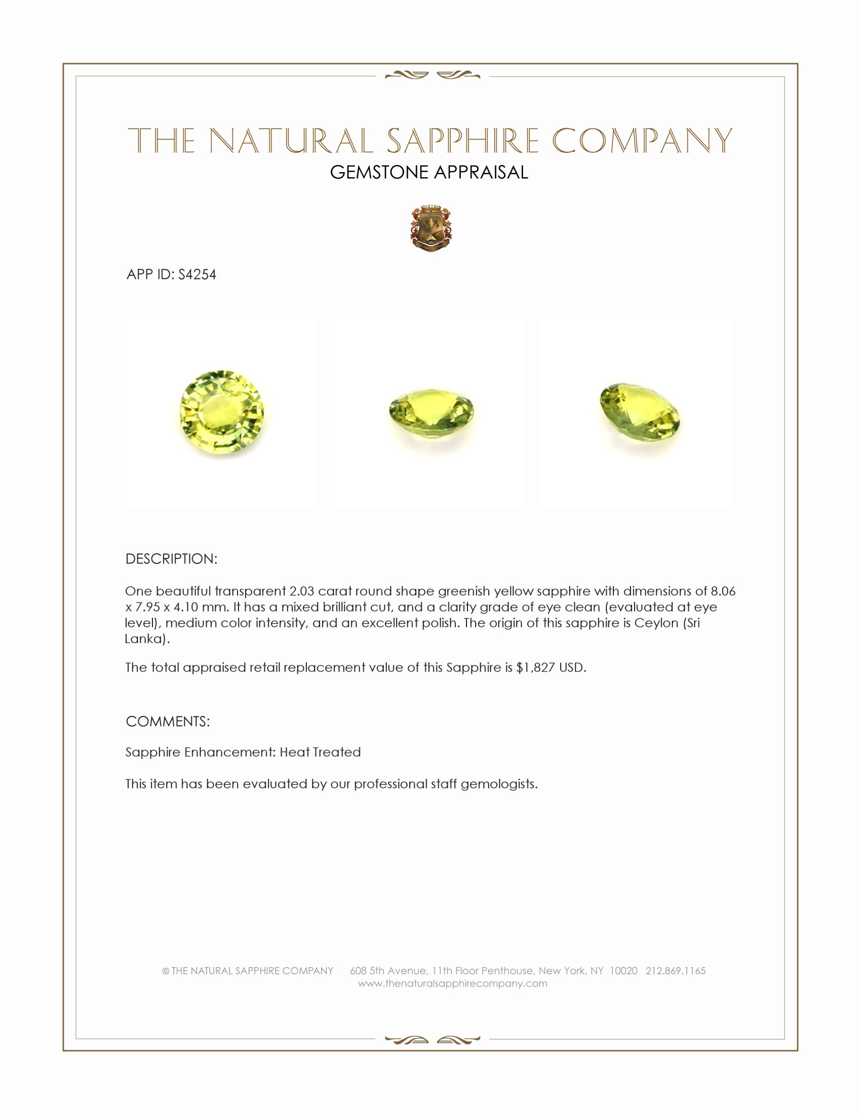 2.03 Ct. Greenish Yellow Sapphire from Ceylon (Sri Lanka)