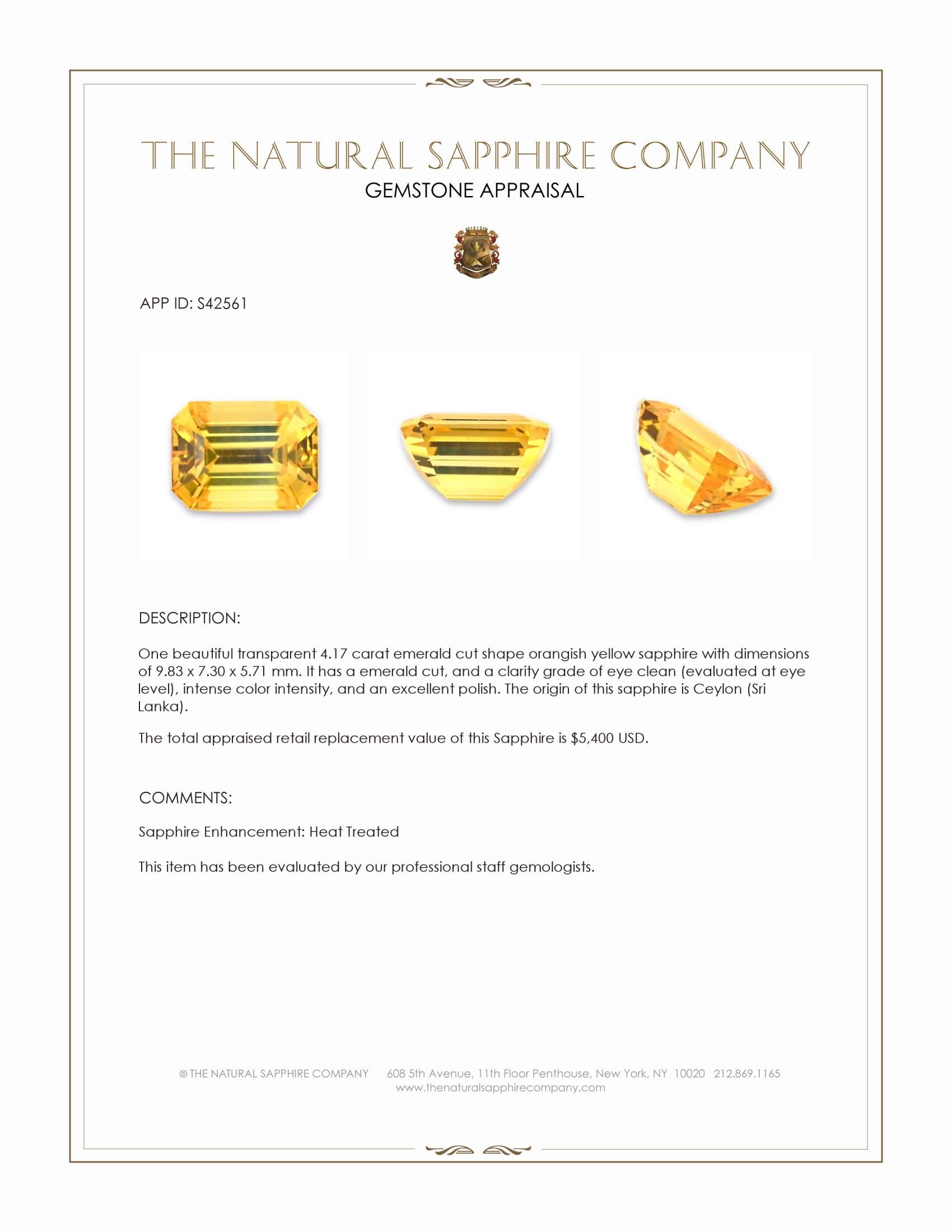 4.17 Ct. Orangish Yellow Sapphire from Ceylon (Sri Lanka)