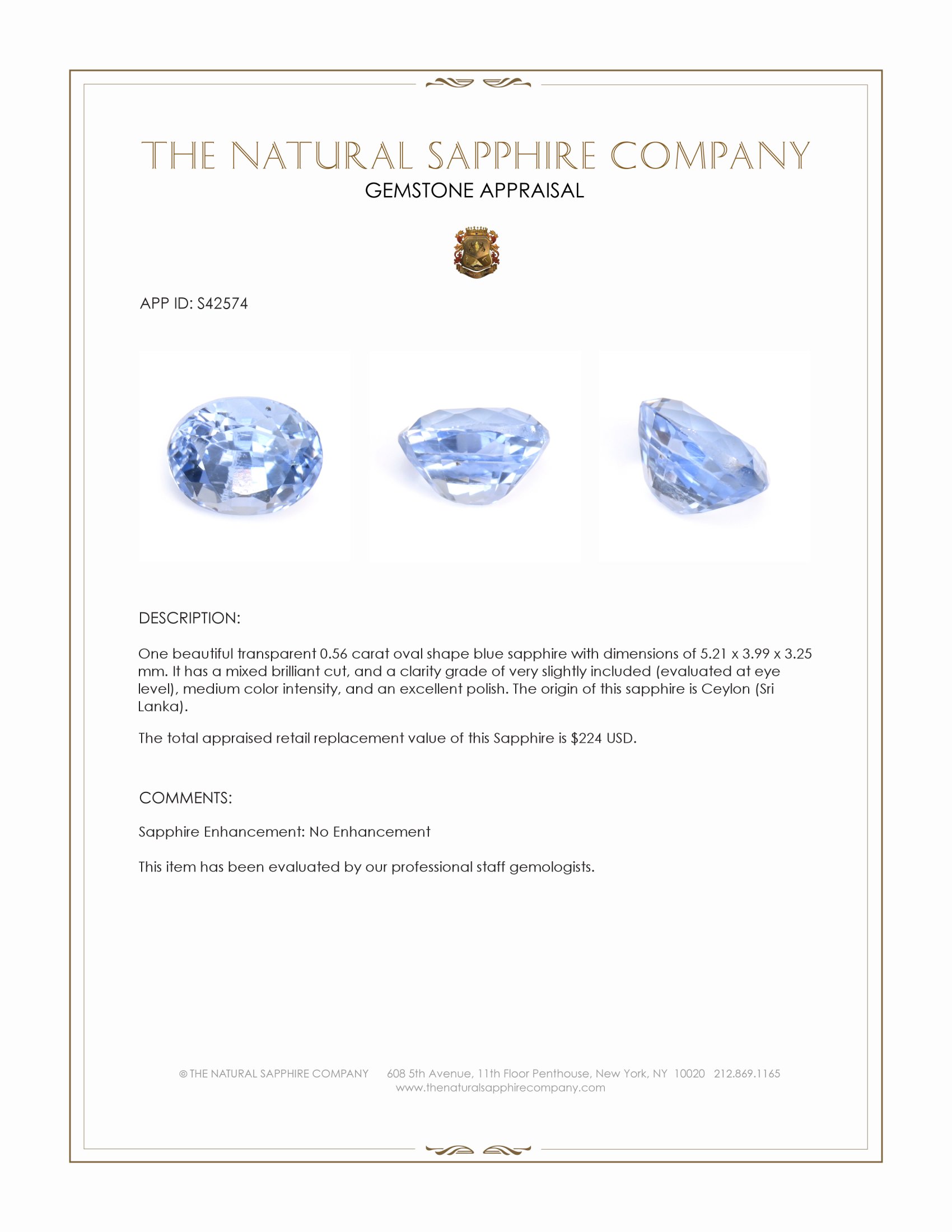 0.56 Ct. Blue Sapphire from Ceylon (Sri Lanka)