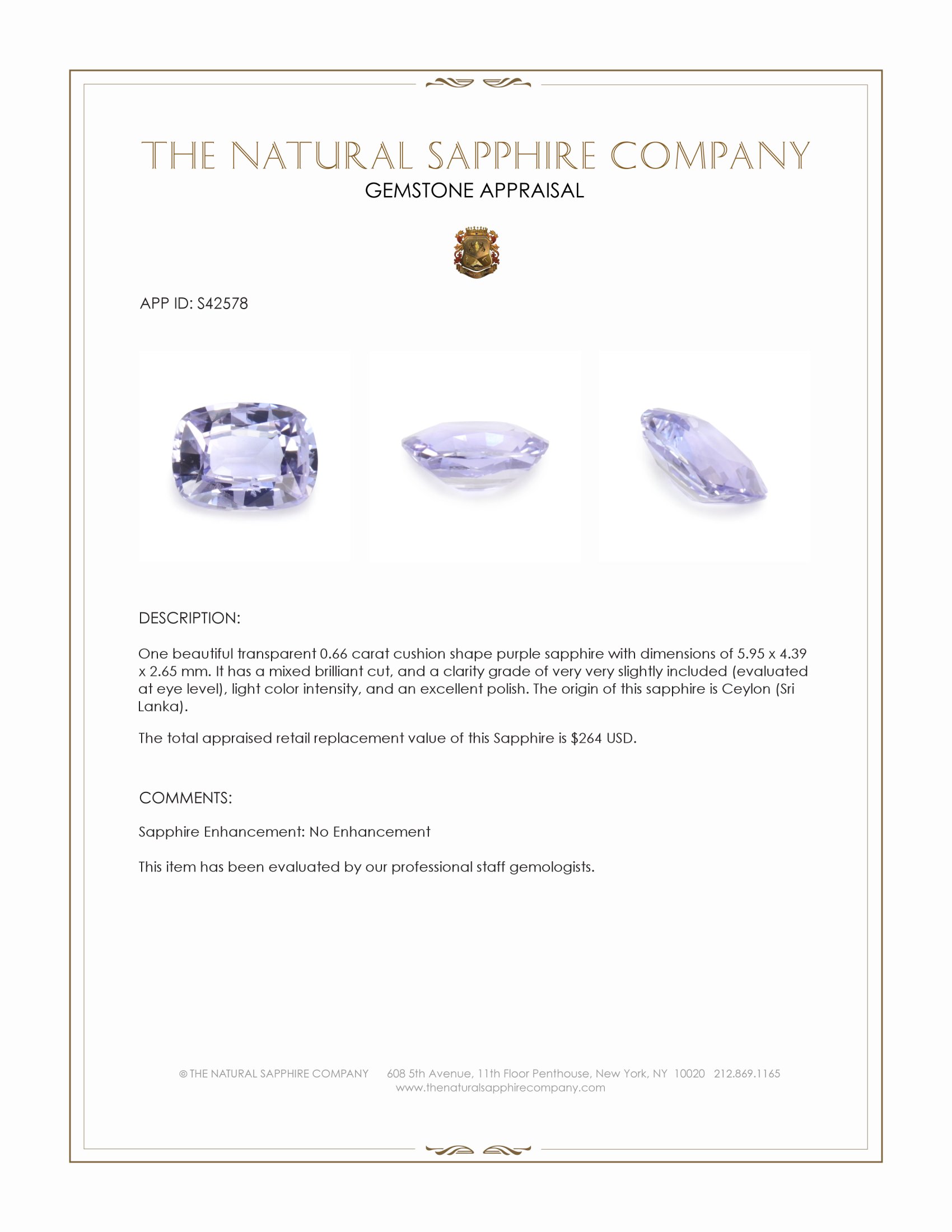 0.66 Ct. Purple Sapphire from Ceylon (Sri Lanka)