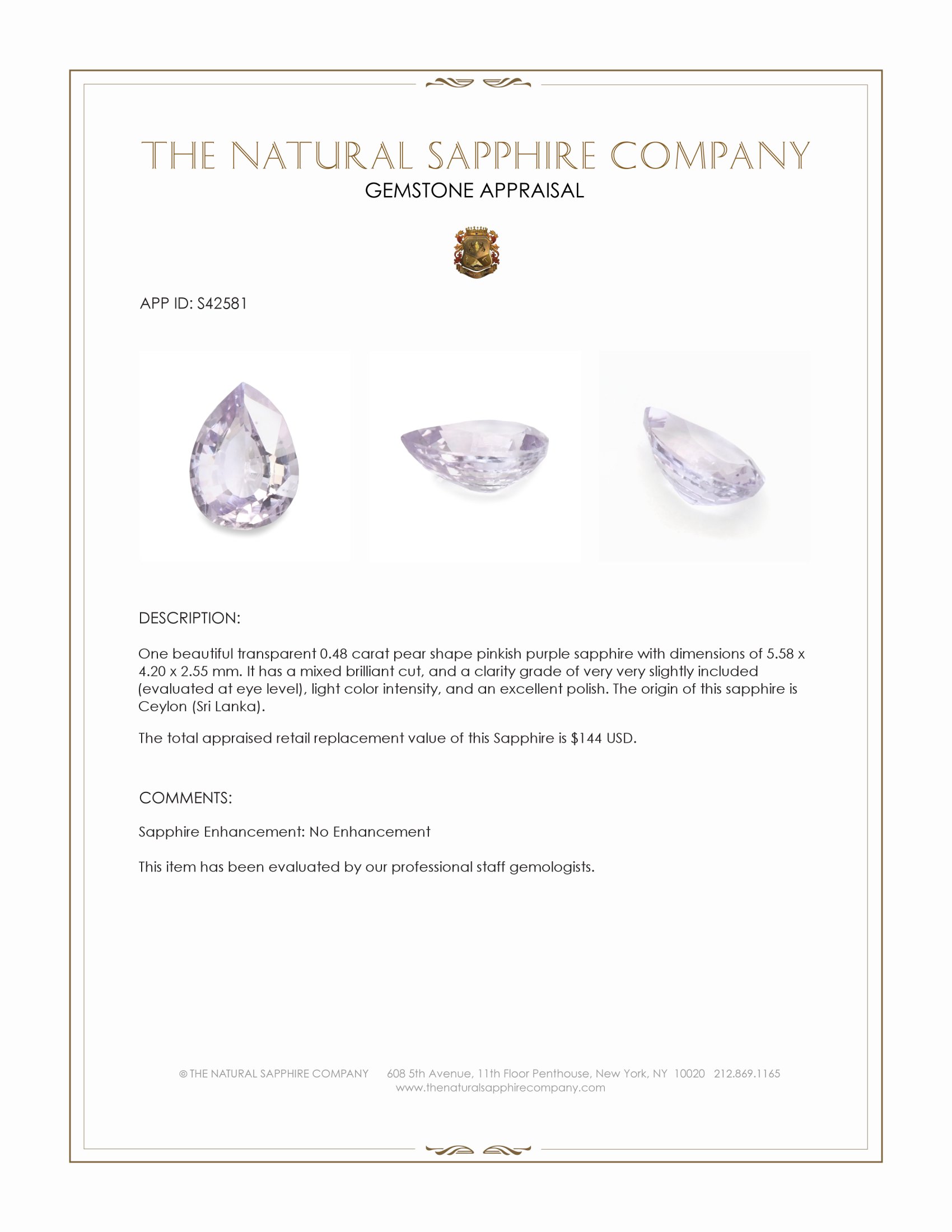 0.48 Ct. Pinkish Purple Sapphire from Ceylon (Sri Lanka)