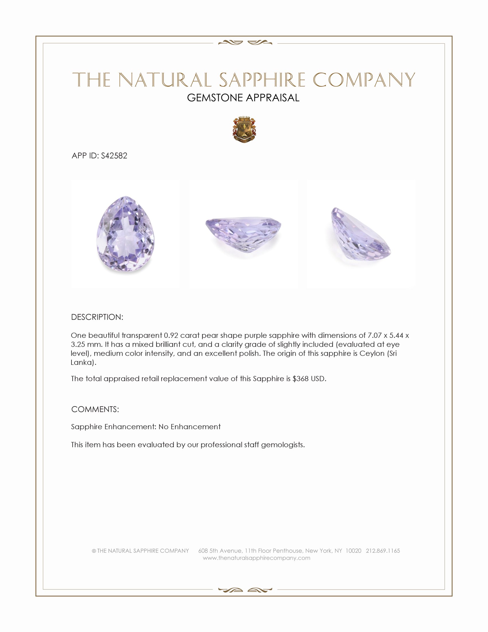 0.92 Ct. Purple Sapphire from Ceylon (Sri Lanka)