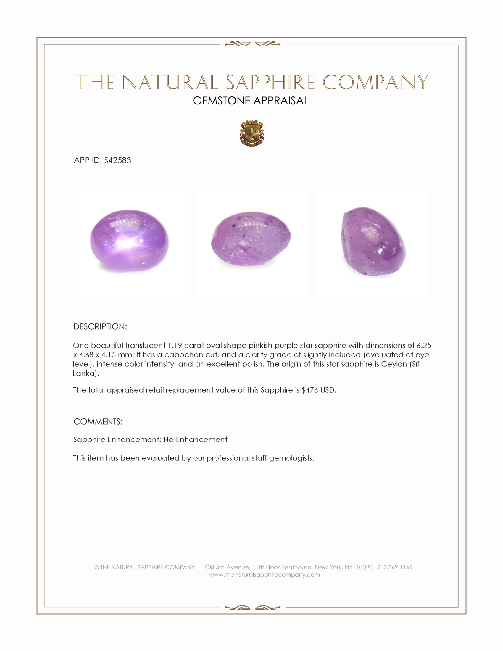 1.19 Ct. Pinkish Purple Star Sapphire from Ceylon (Sri Lanka)