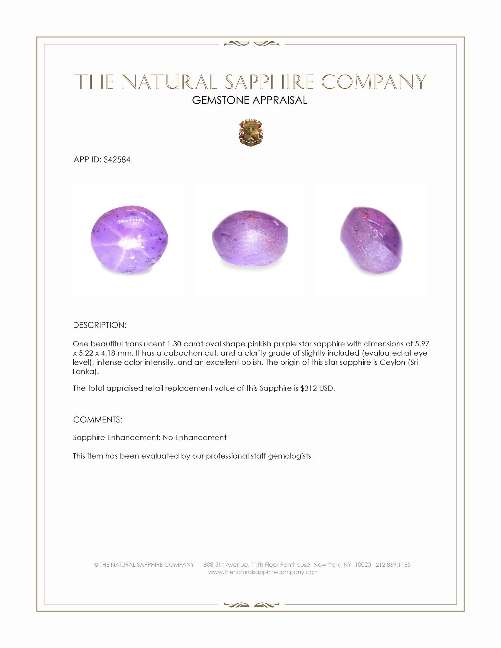 1.30 Ct. Pinkish Purple Star Sapphire from Ceylon (Sri Lanka)
