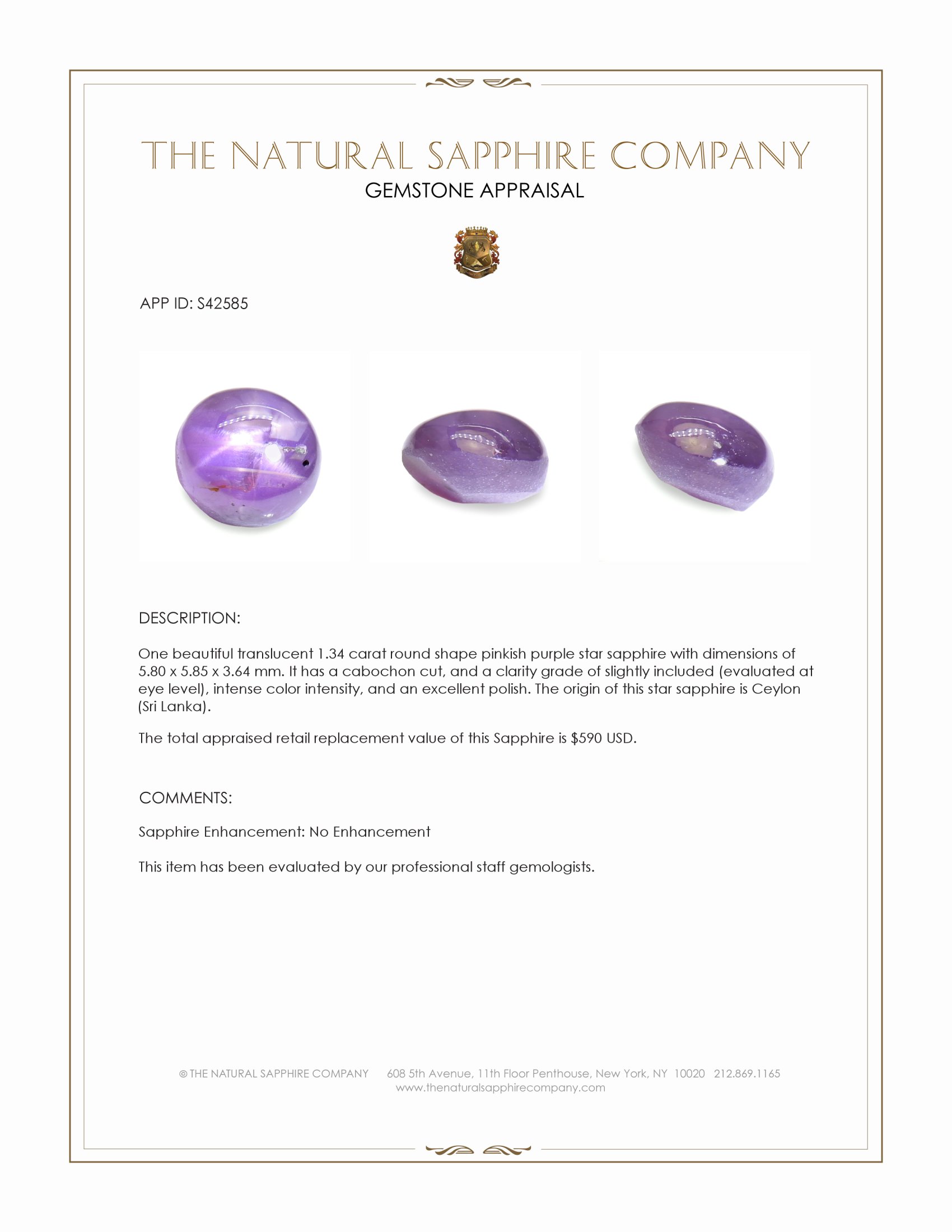 1.34 Ct. Pinkish Purple Star Sapphire from Ceylon (Sri Lanka)