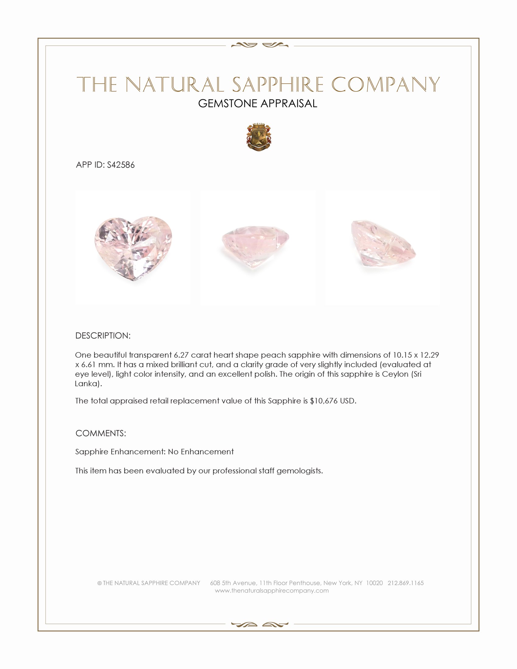 6.27 Ct. Peach Sapphire from Ceylon (Sri Lanka)