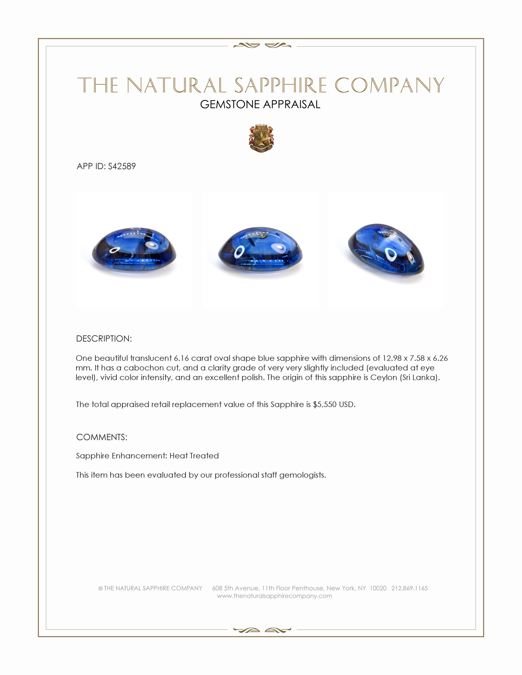 6.16 Ct. Blue Cabochon Sapphire from Ceylon (Sri Lanka)