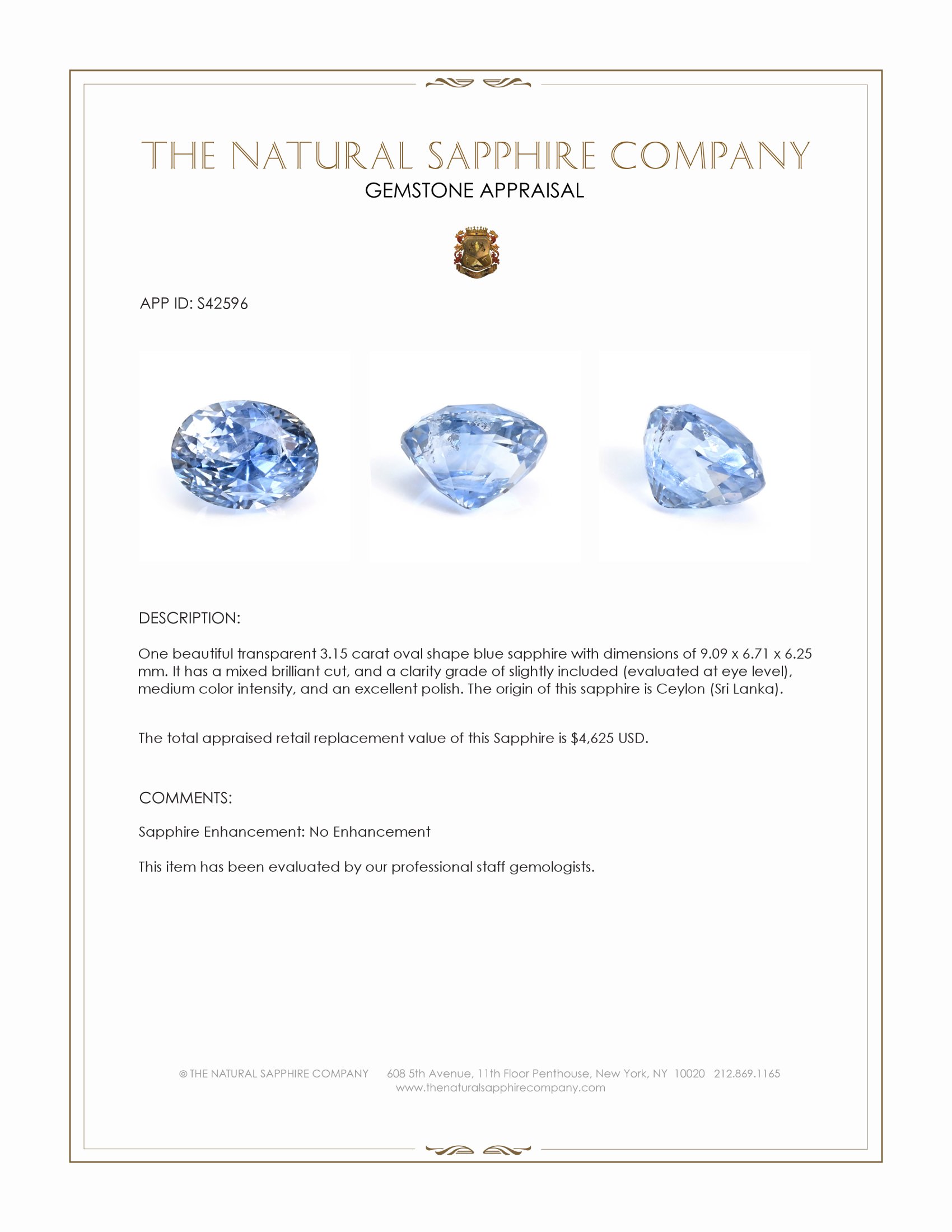 3.15 Ct. Blue Sapphire from Ceylon (Sri Lanka)
