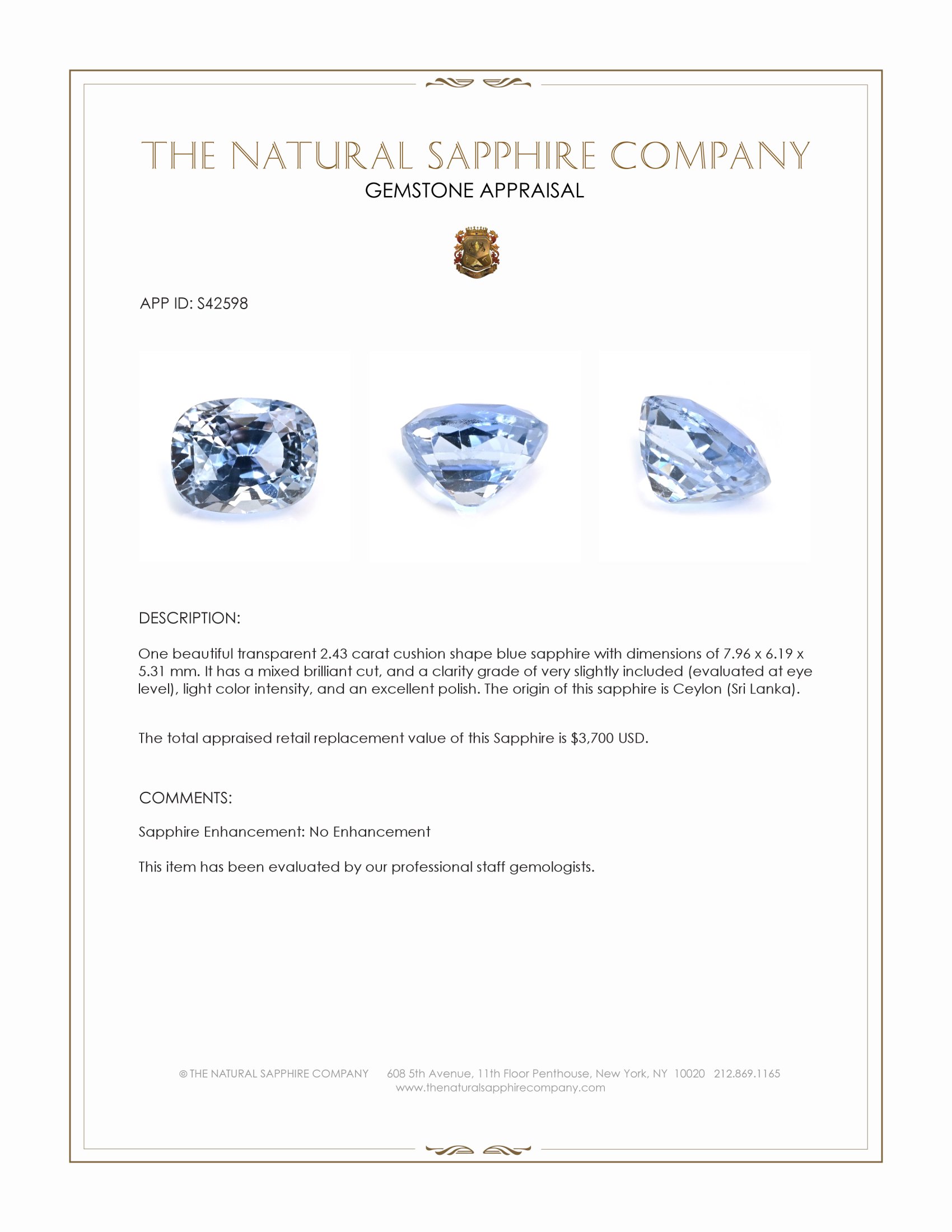 2.43 Ct. Blue Sapphire from Ceylon (Sri Lanka)