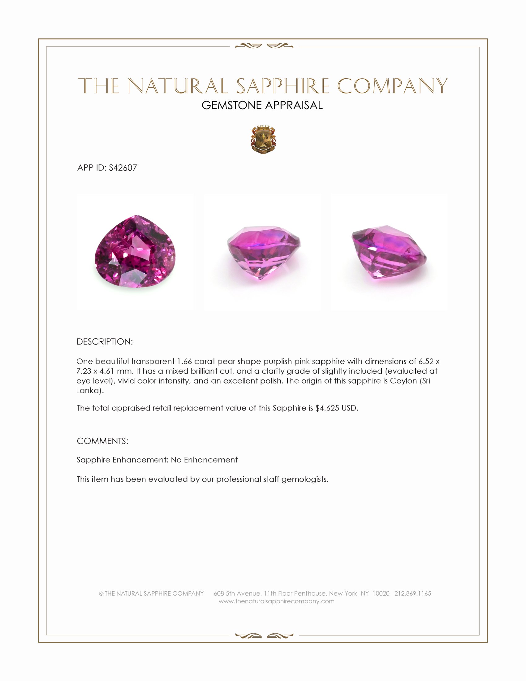 1.66 Ct. Purplish Pink Sapphire from Ceylon (Sri Lanka)