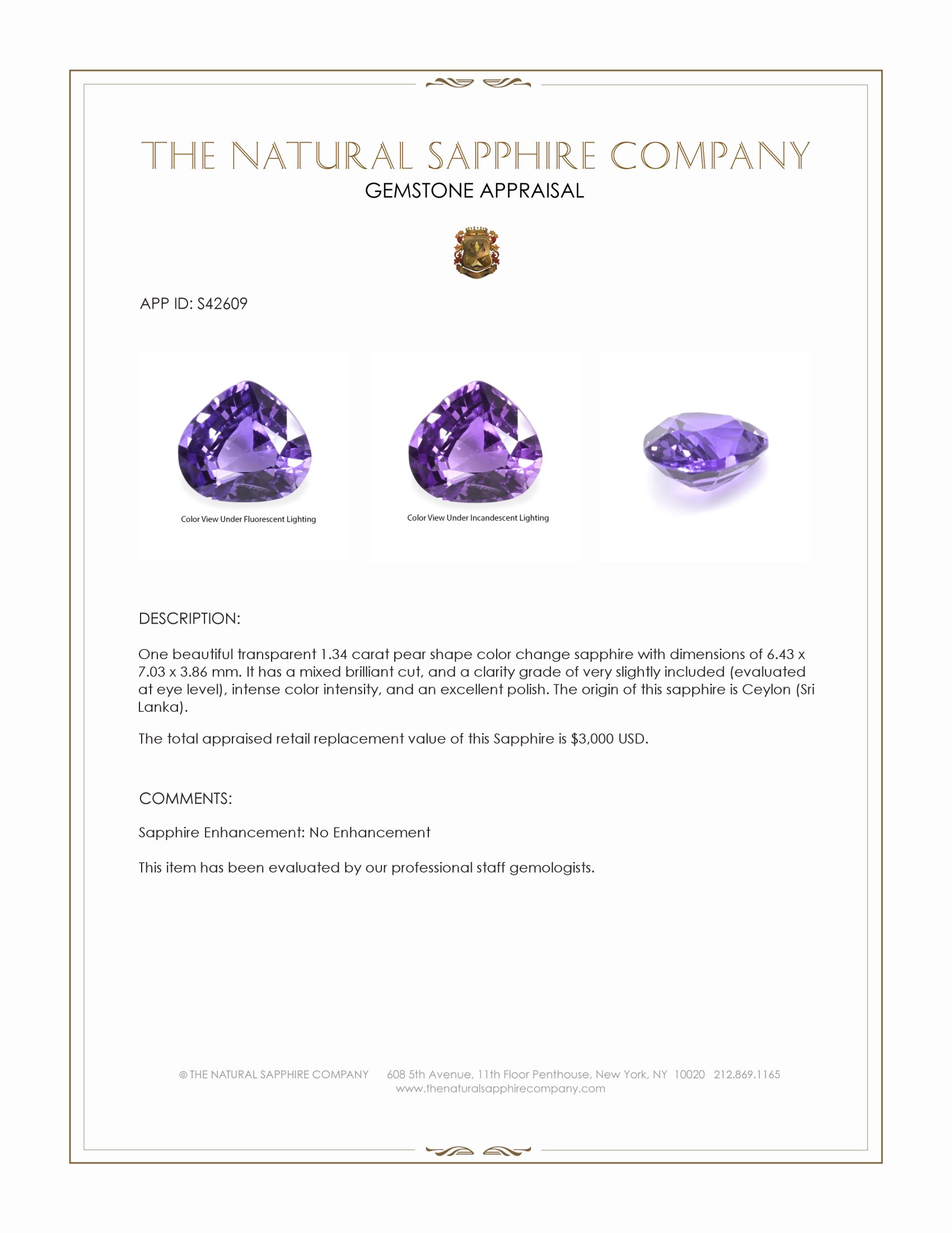 1.34 Ct. Color Change Sapphire from Ceylon (Sri Lanka)