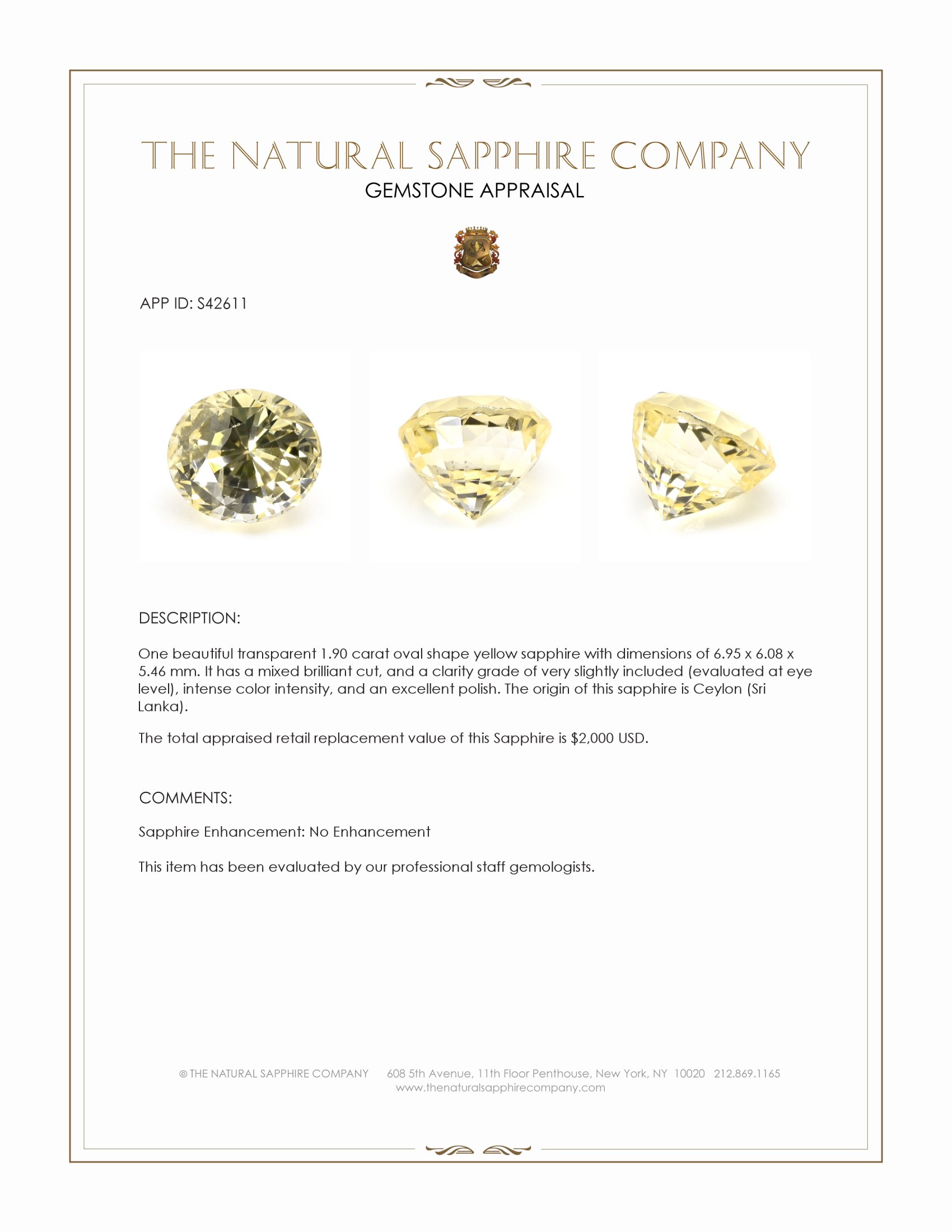 1.90 Ct. Yellow Sapphire from Ceylon (Sri Lanka)