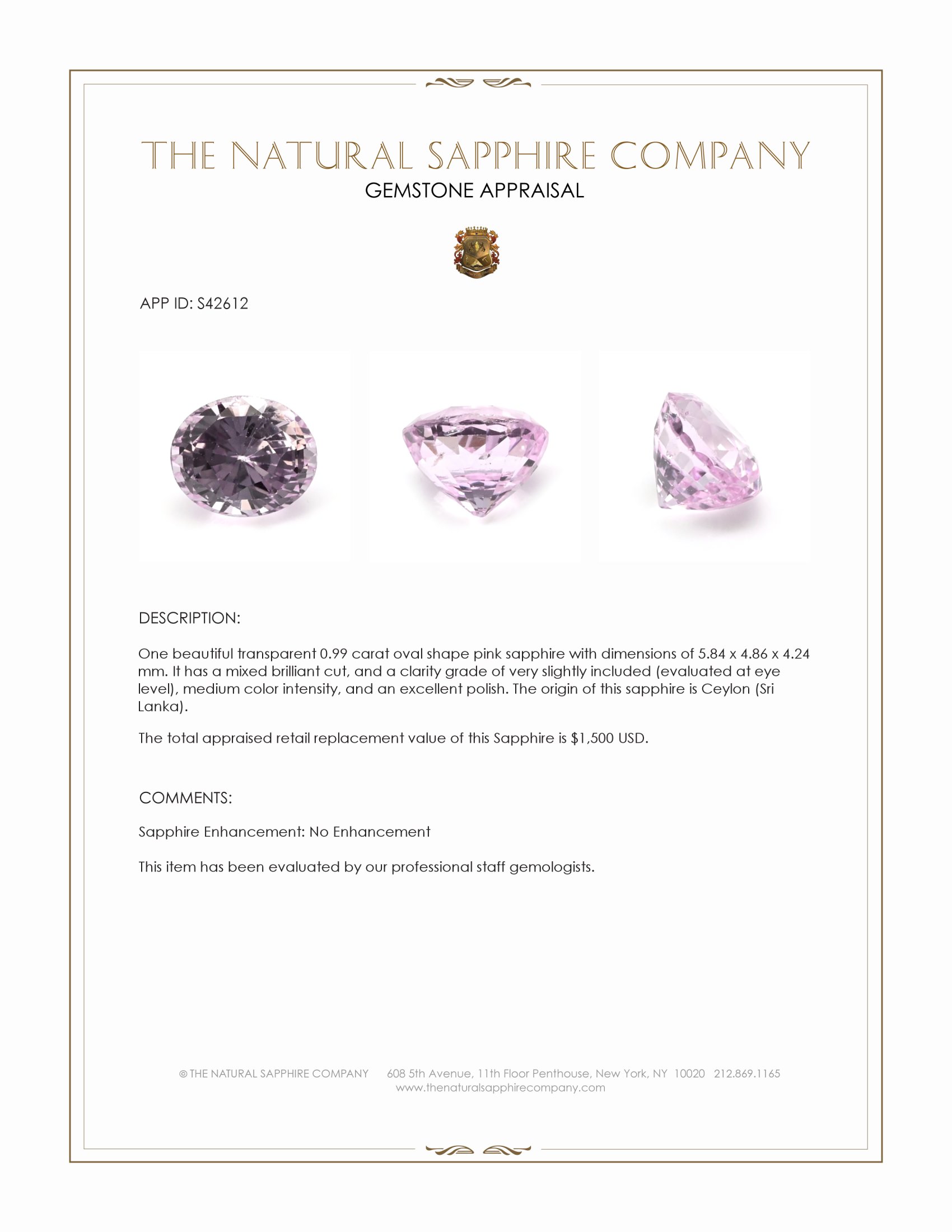 0.99 Ct. Pink Sapphire from Ceylon (Sri Lanka)