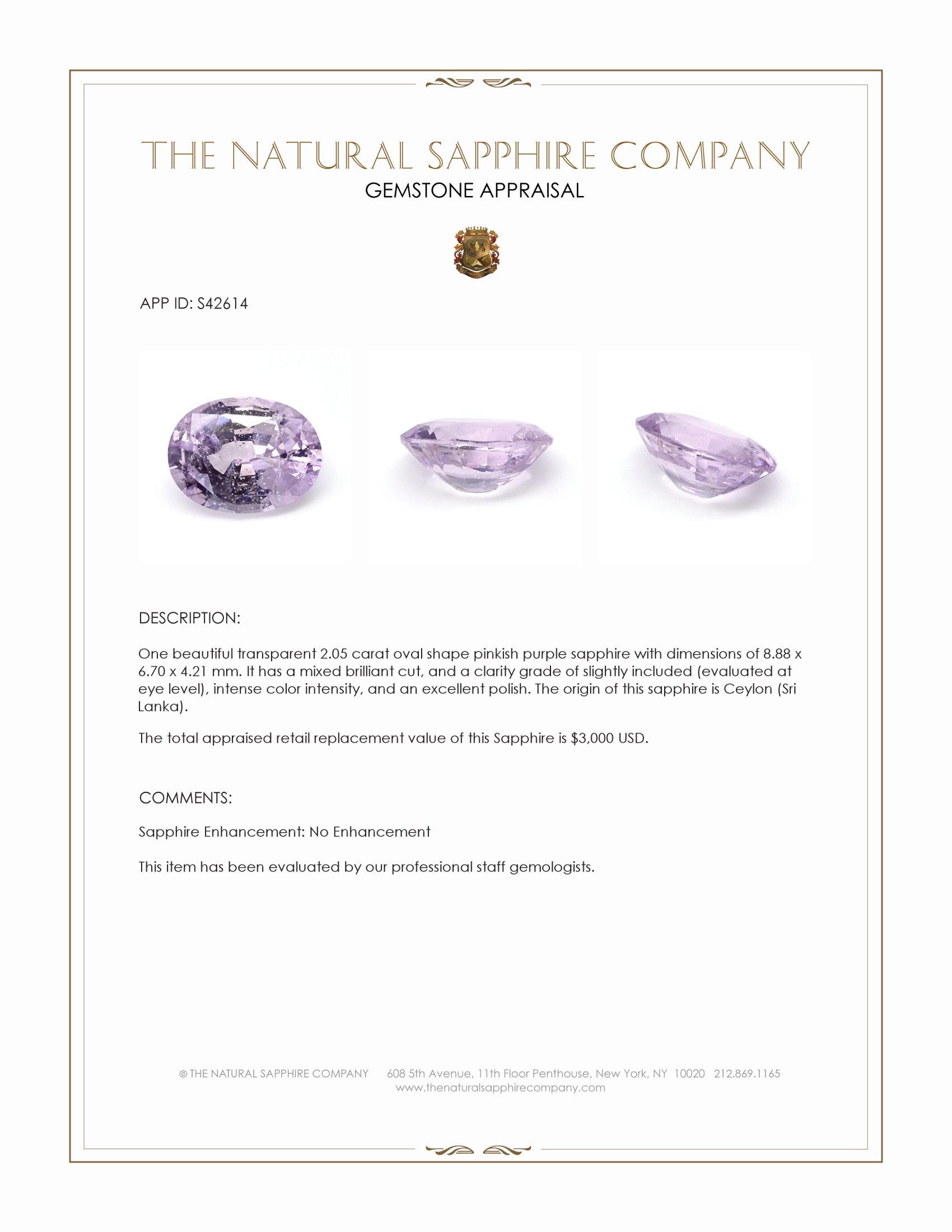 2.05 Ct. Pinkish Purple Sapphire from Ceylon (Sri Lanka)