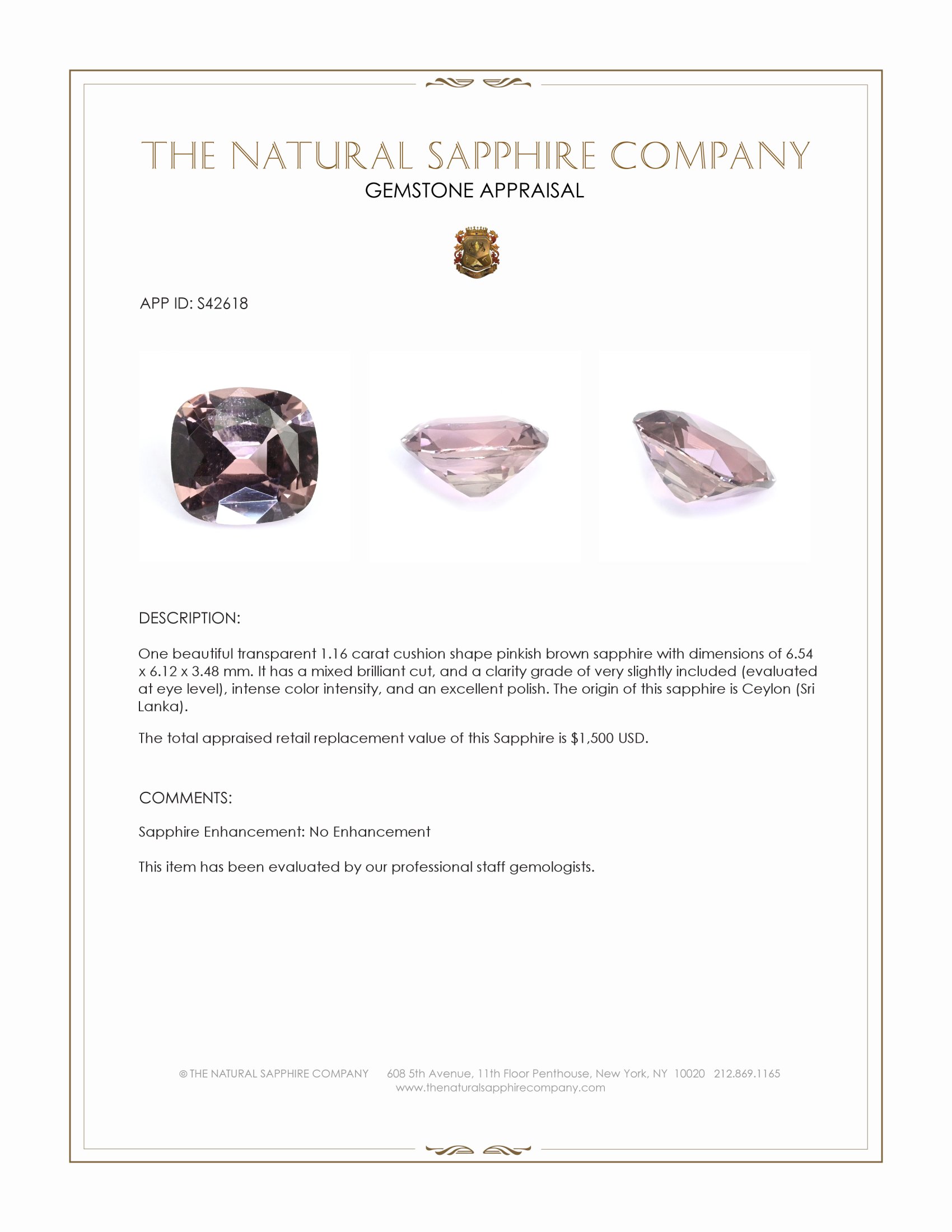 1.16 Ct. Pinkish Brown Sapphire from Ceylon (Sri Lanka)