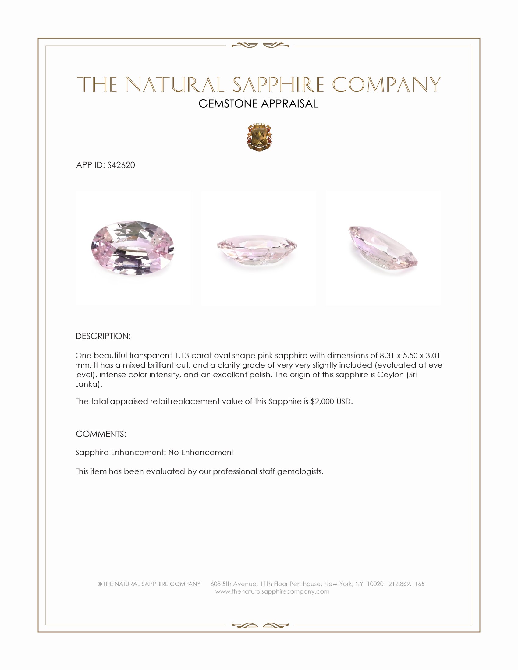 1.13 Ct. Pink Sapphire from Ceylon (Sri Lanka)
