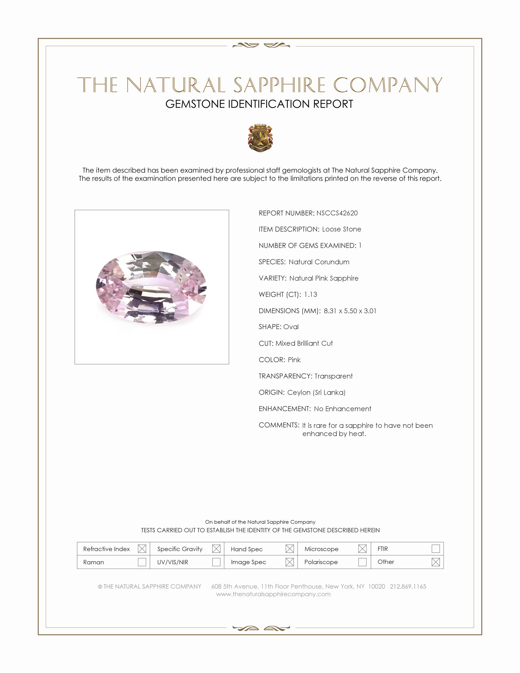 1.13 Ct. Pink Sapphire from Ceylon (Sri Lanka)