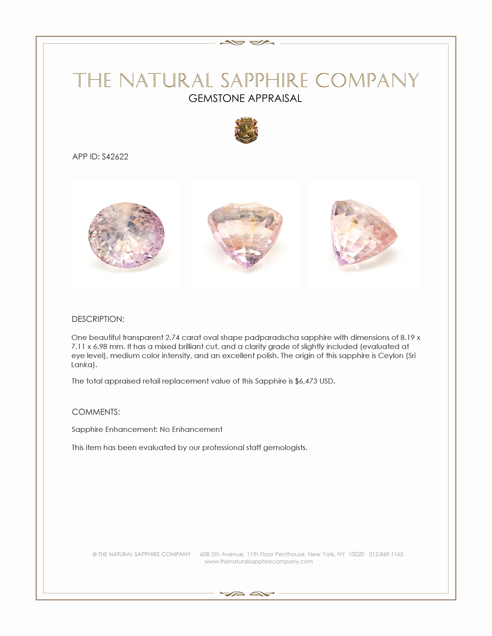 2.74 Ct. Padparadscha Sapphire from Ceylon (Sri Lanka)