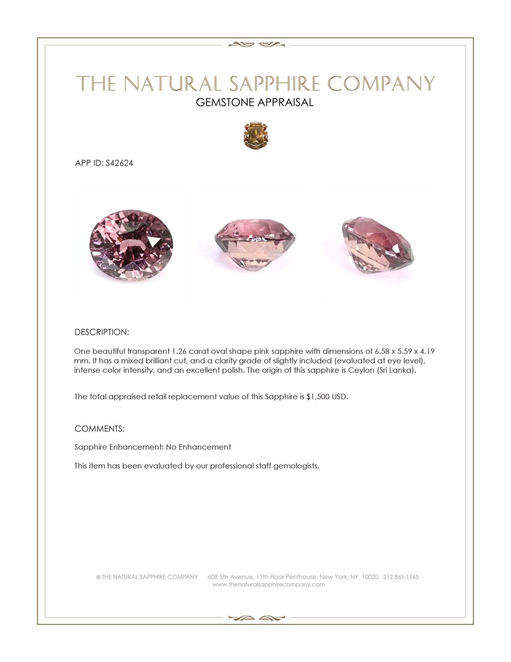 1.26 Ct. Pink Sapphire from Ceylon (Sri Lanka)