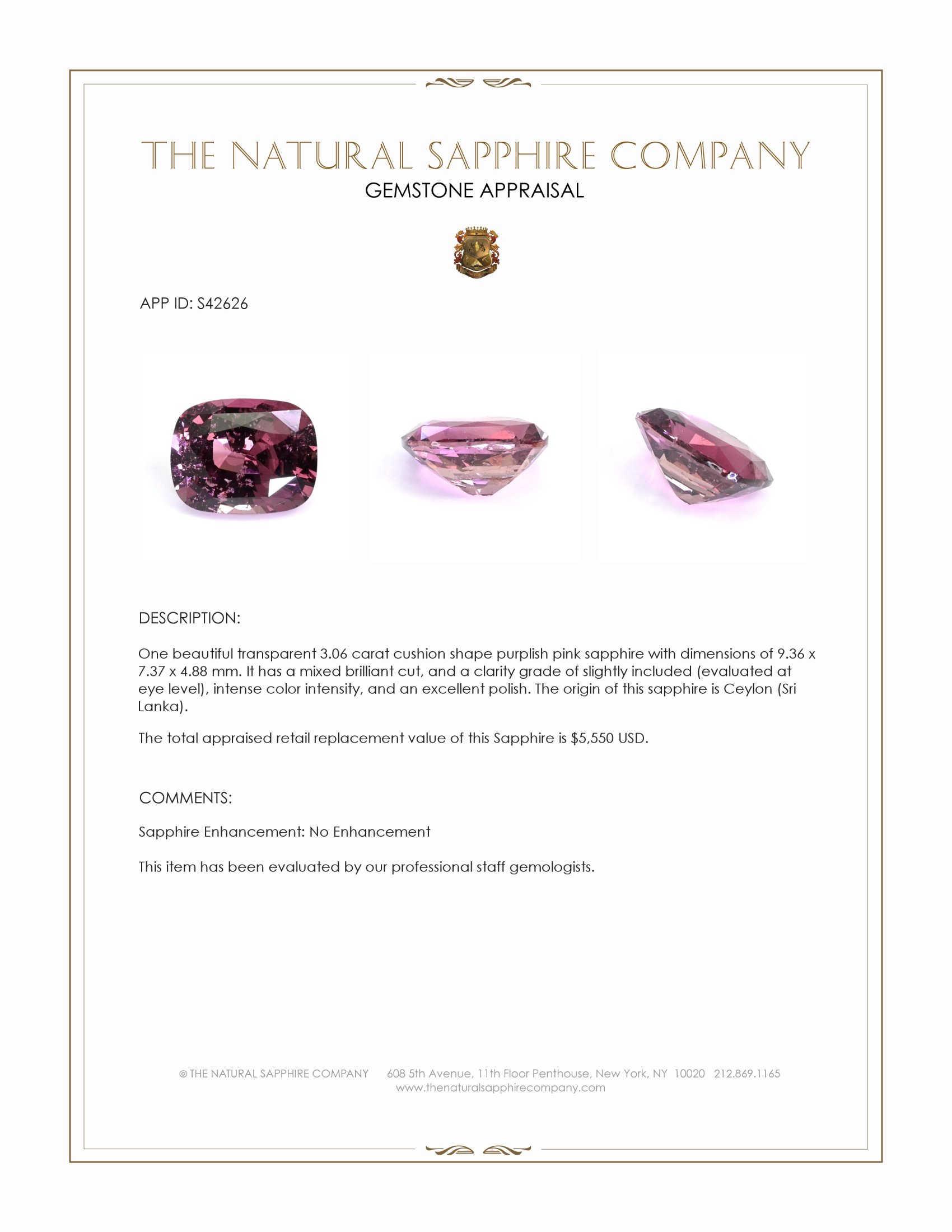 3.06 Ct. Purplish Pink Sapphire from Ceylon (Sri Lanka)