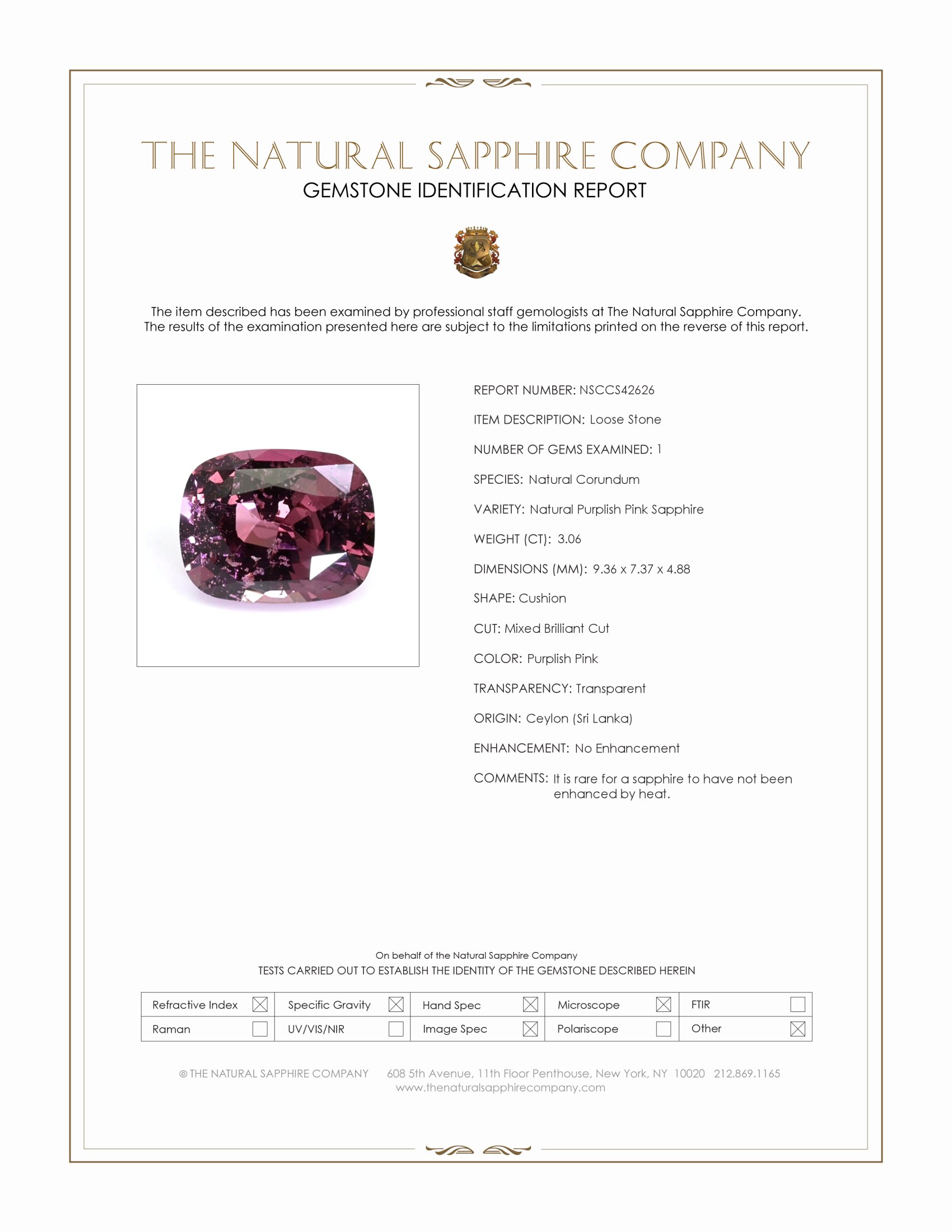 3.06 Ct. Purplish Pink Sapphire from Ceylon (Sri Lanka)