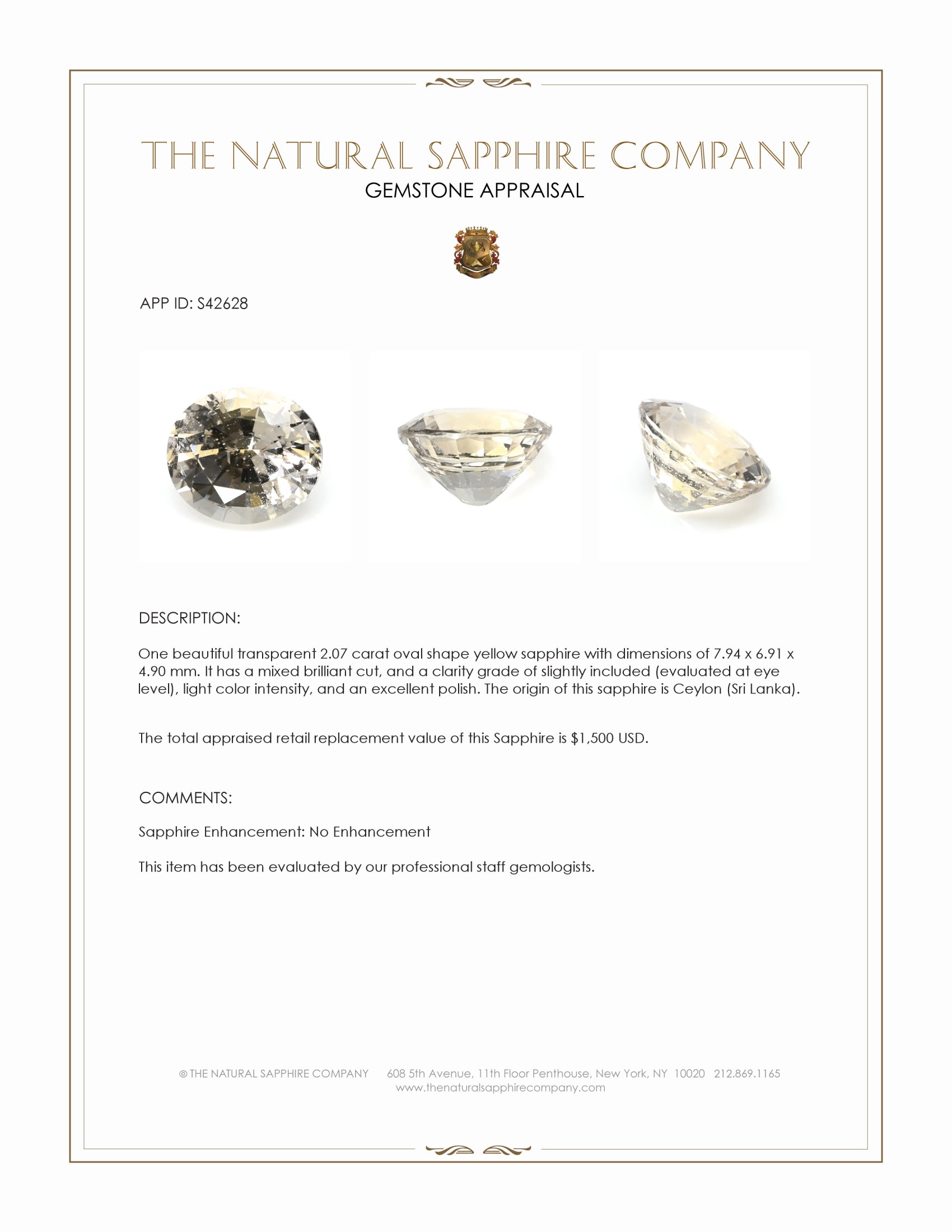 2.07 Ct. Yellow Sapphire from Ceylon (Sri Lanka)