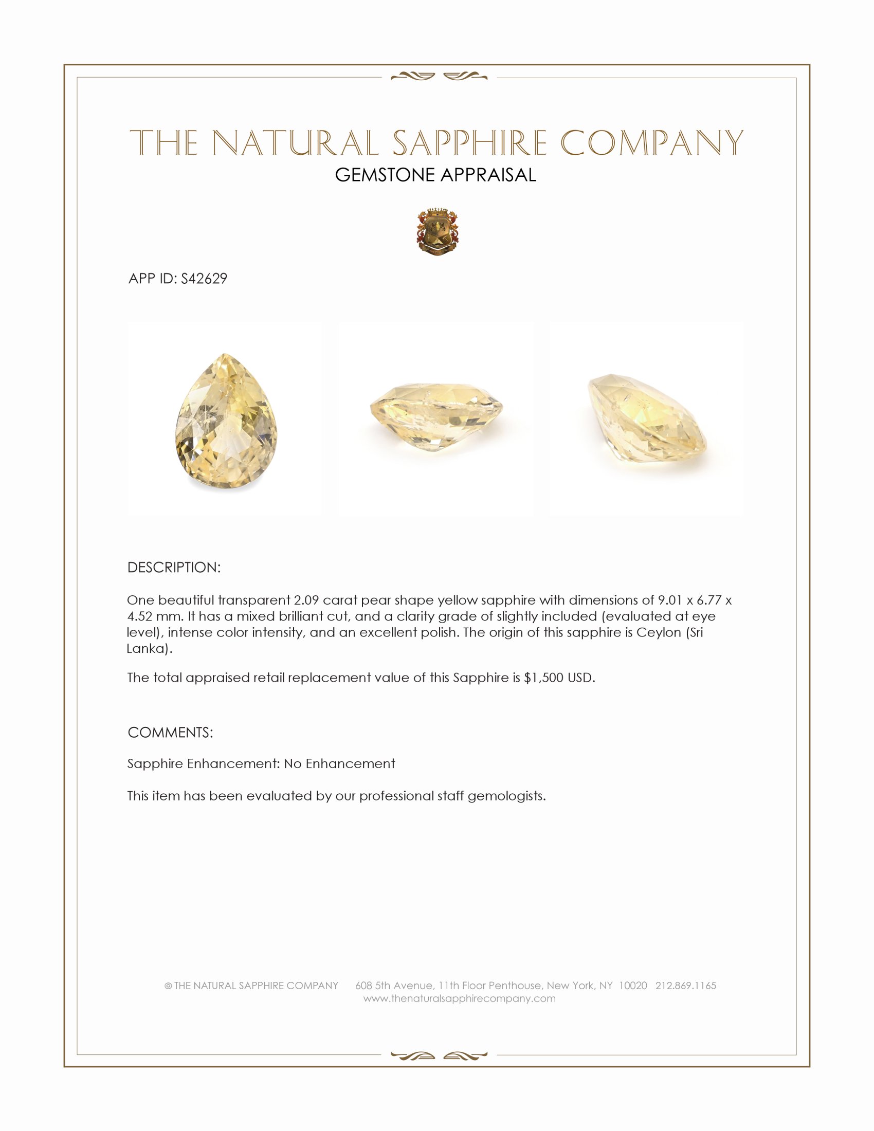 2.09 Ct. Yellow Sapphire from Ceylon (Sri Lanka)