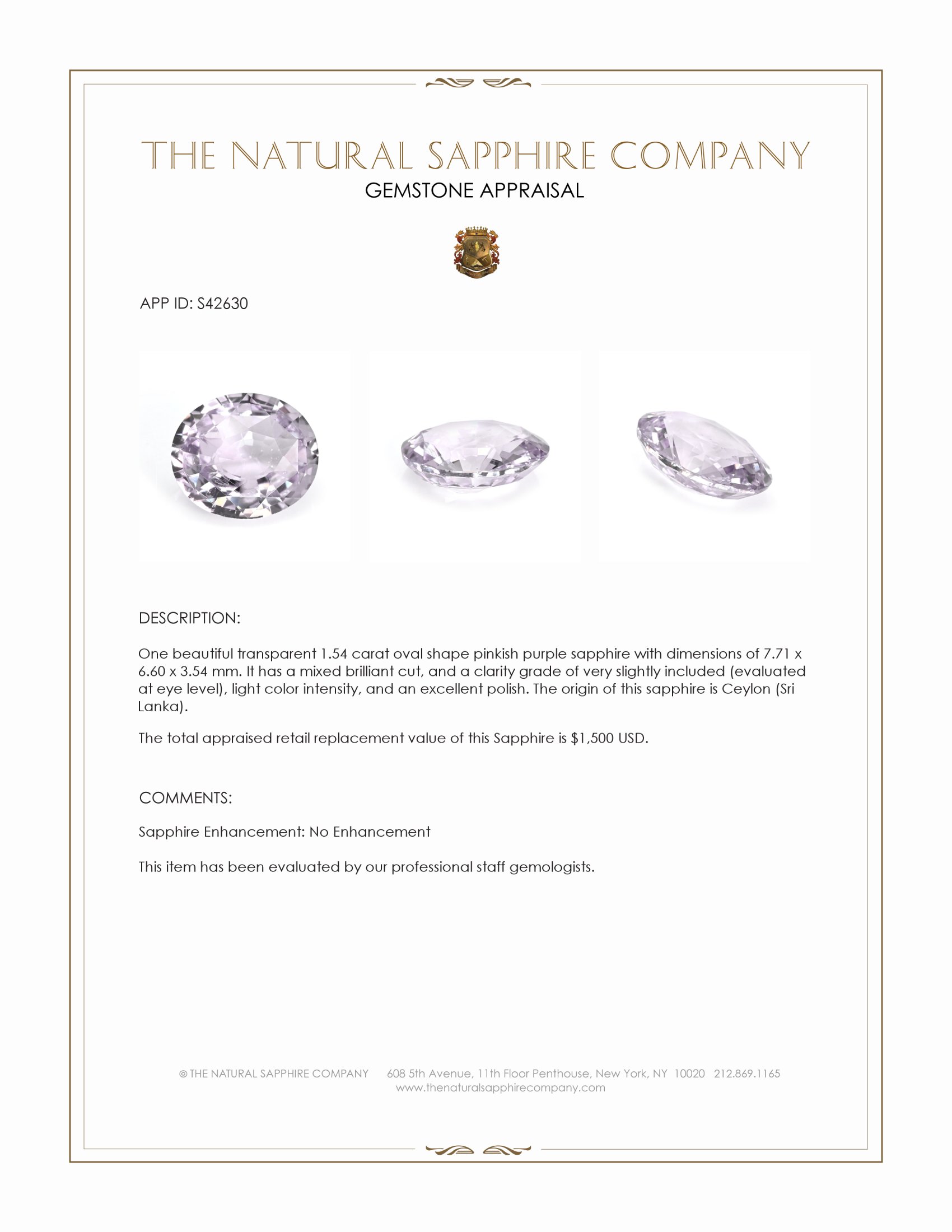 1.54 Ct. Pinkish Purple Sapphire from Ceylon (Sri Lanka)