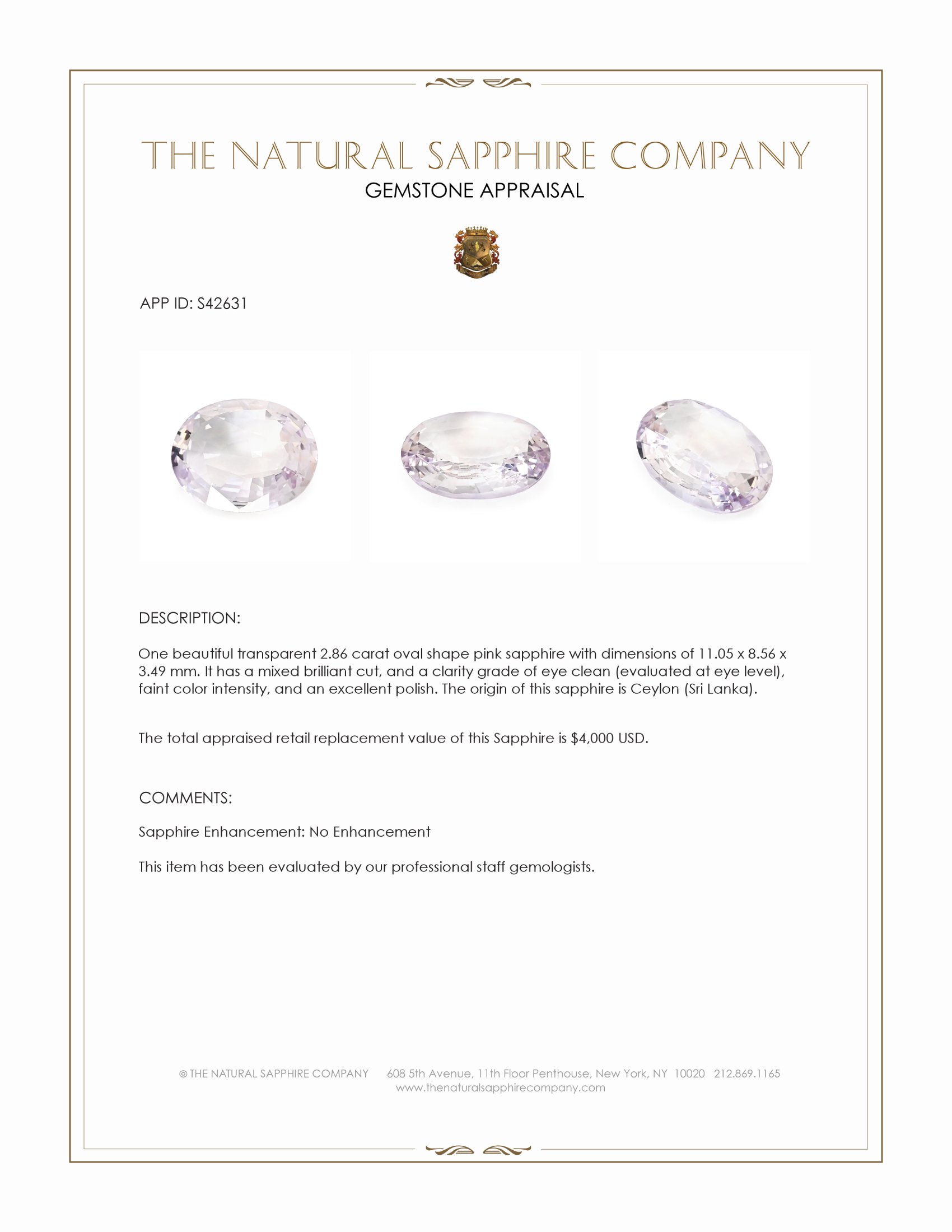 2.86 Ct. Pink Sapphire from Ceylon (Sri Lanka)