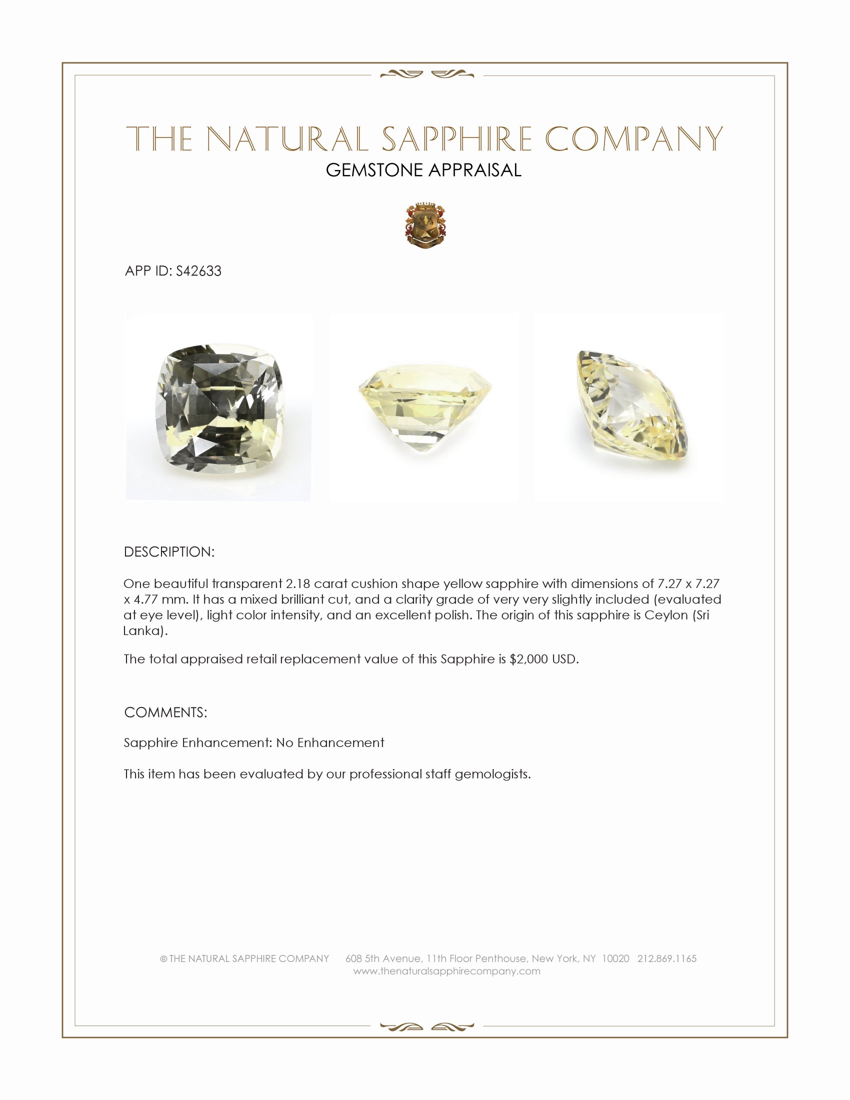 2.18 Ct. Yellow Sapphire from Ceylon (Sri Lanka)