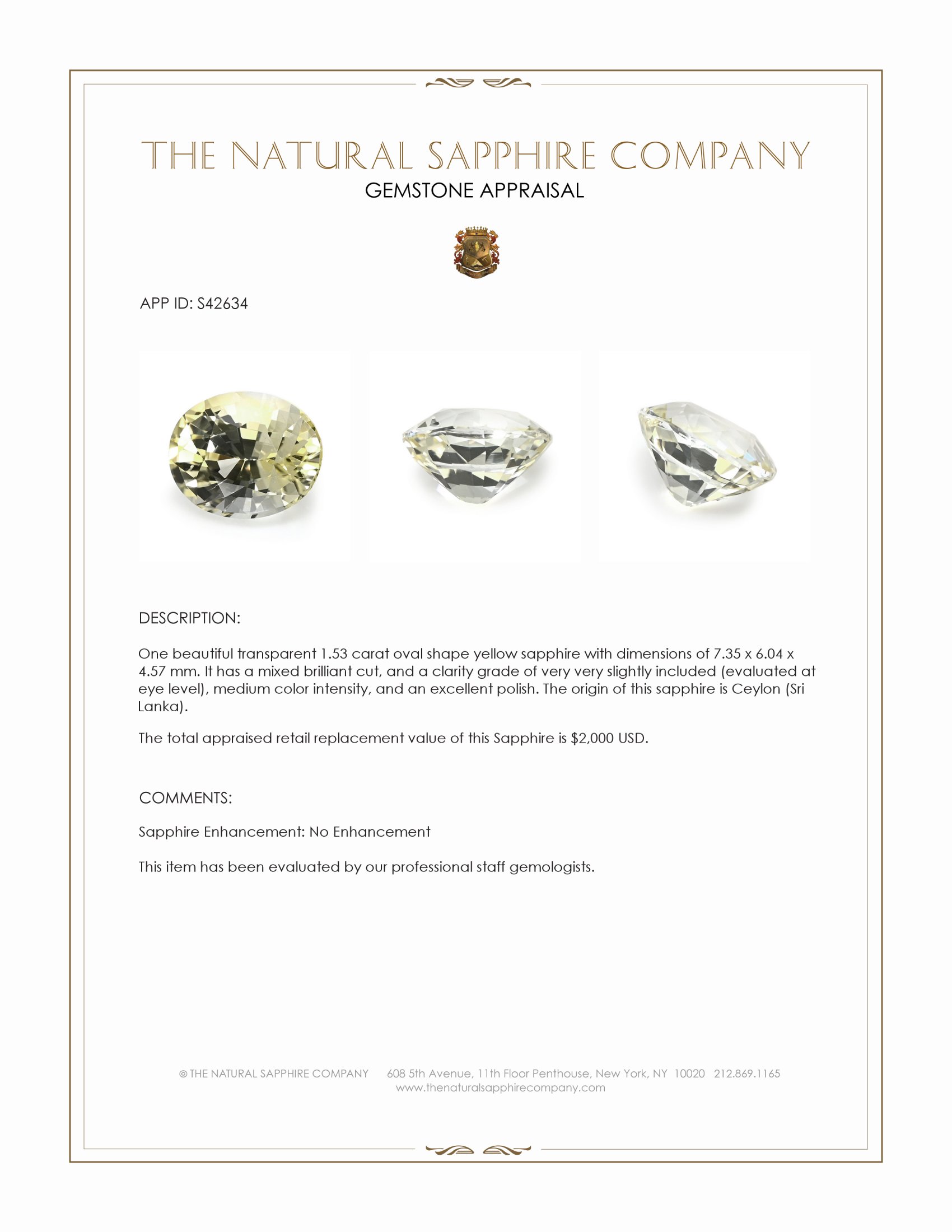 1.53 Ct. Yellow Sapphire from Ceylon (Sri Lanka)