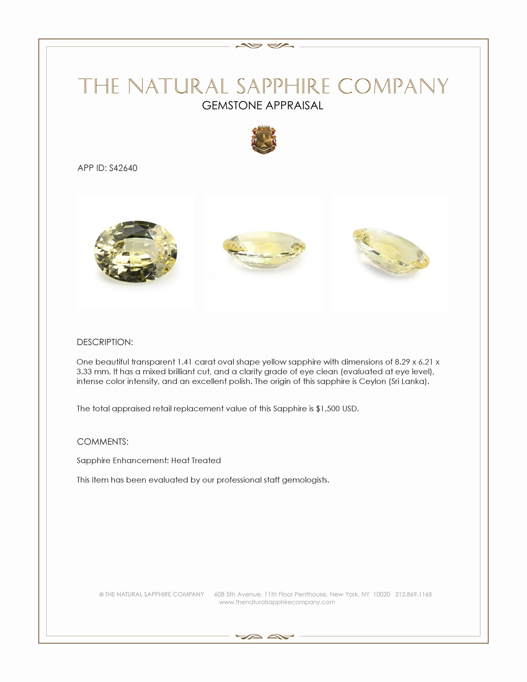 1.41 Ct. Yellow Sapphire from Ceylon (Sri Lanka)