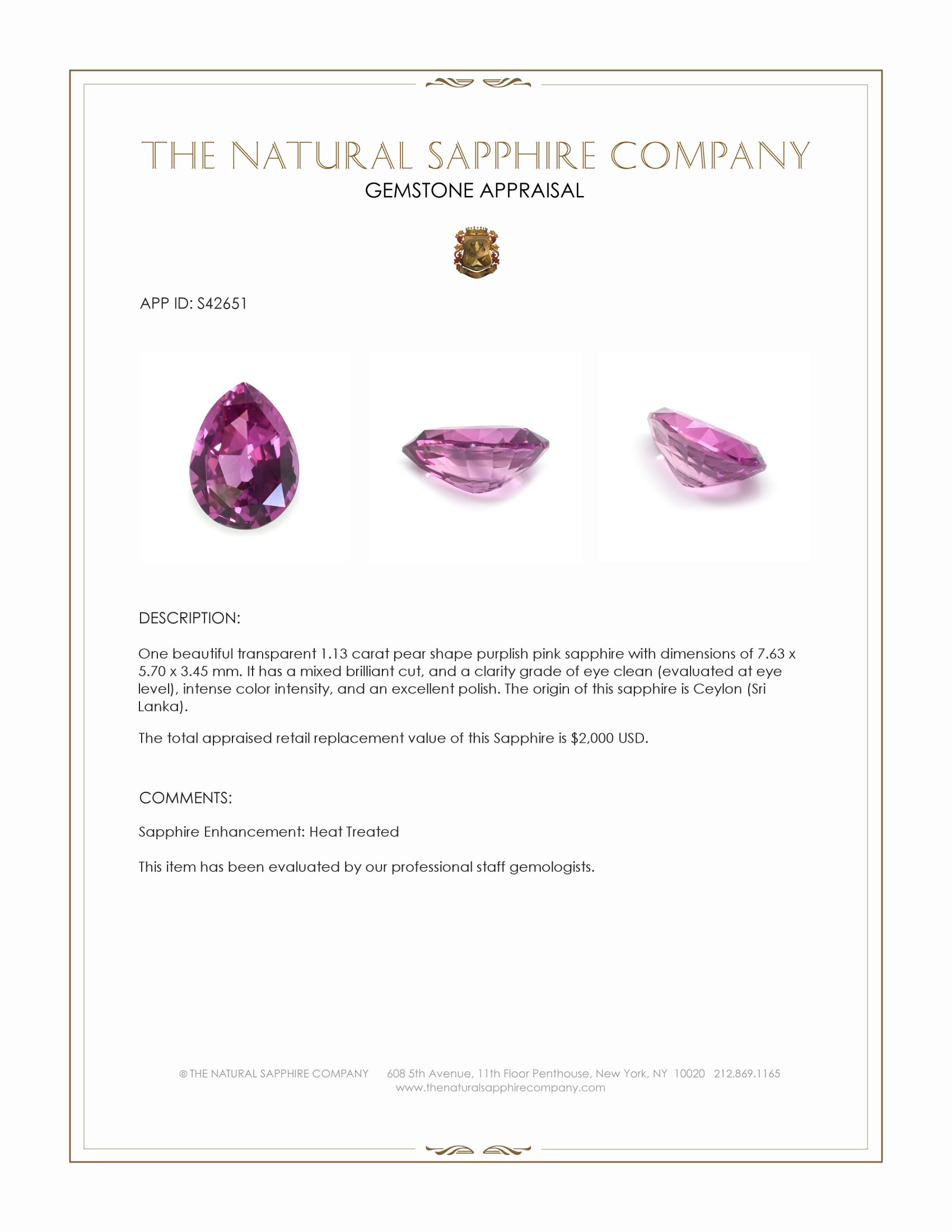1.13 Ct. Purplish Pink Sapphire from Ceylon (Sri Lanka)