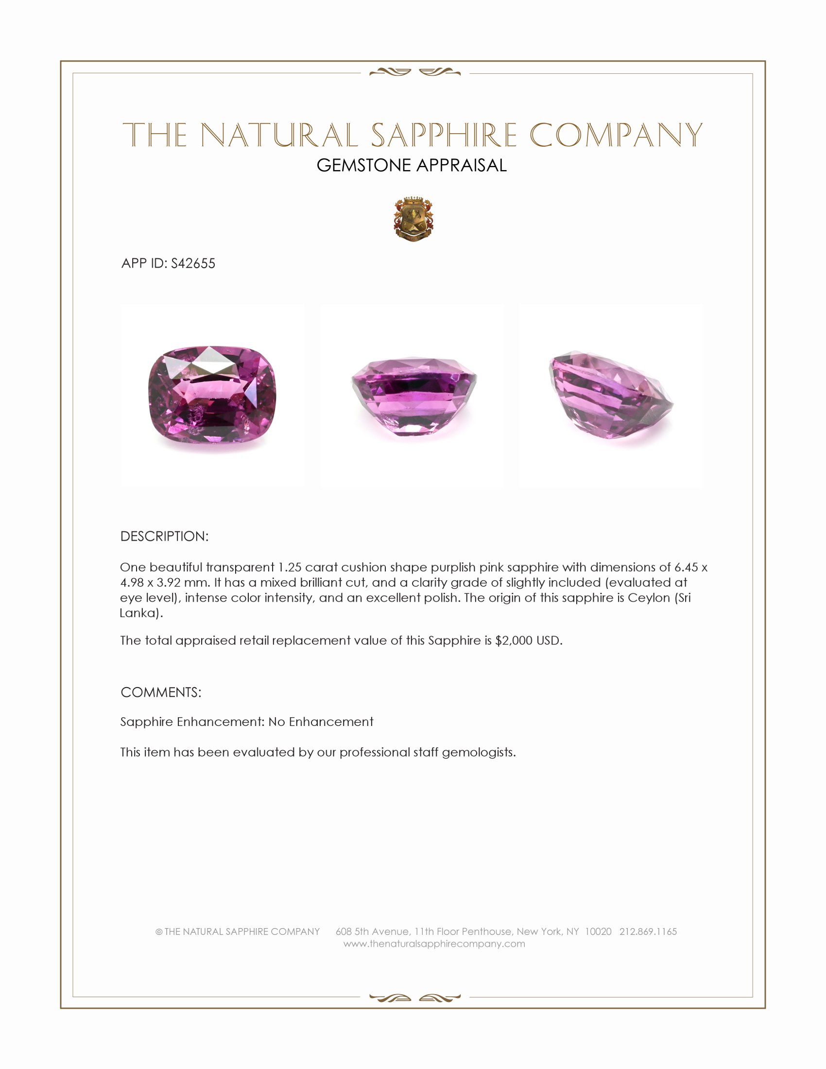 1.25 Ct. Purplish Pink Sapphire from Ceylon (Sri Lanka)