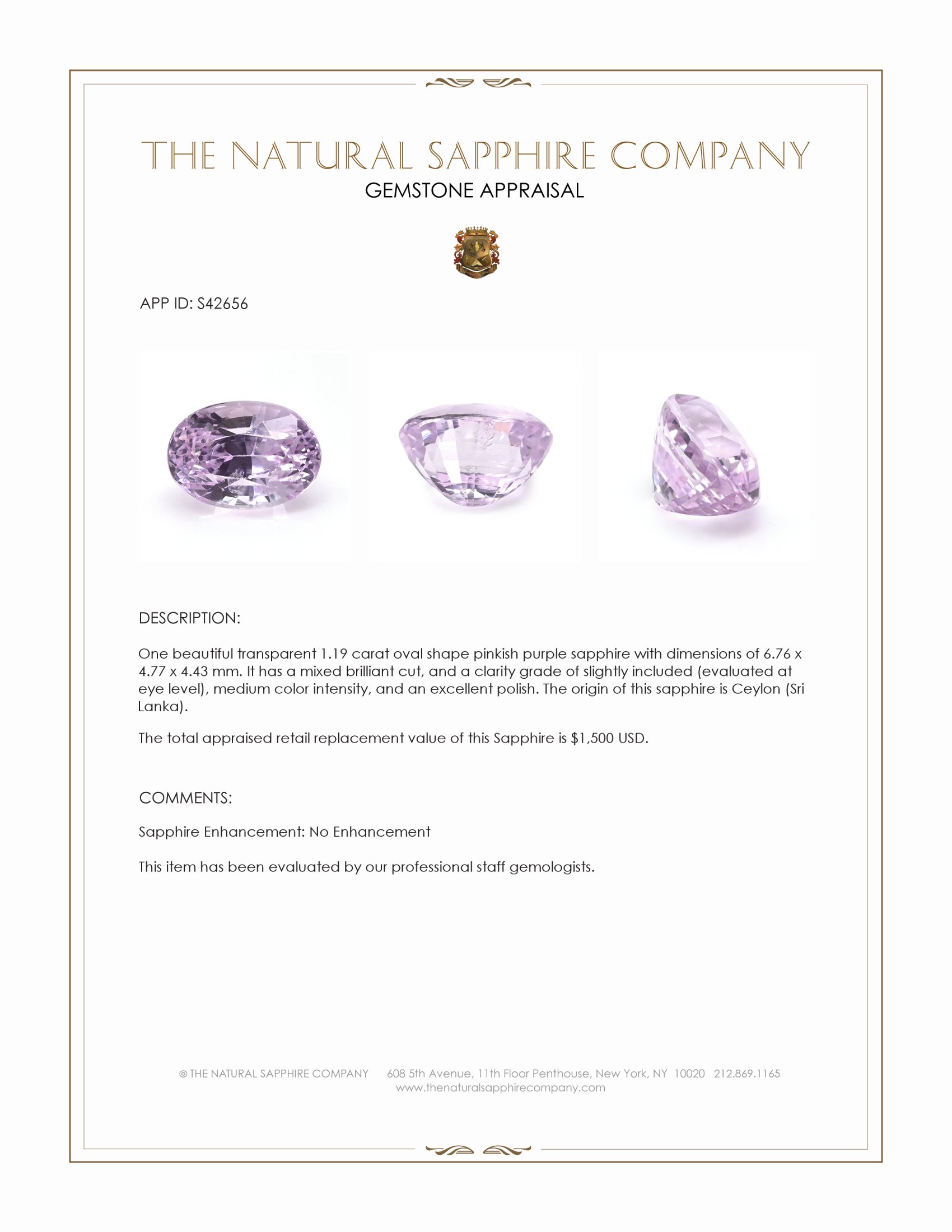 1.19 Ct. Pinkish Purple Sapphire from Ceylon (Sri Lanka)
