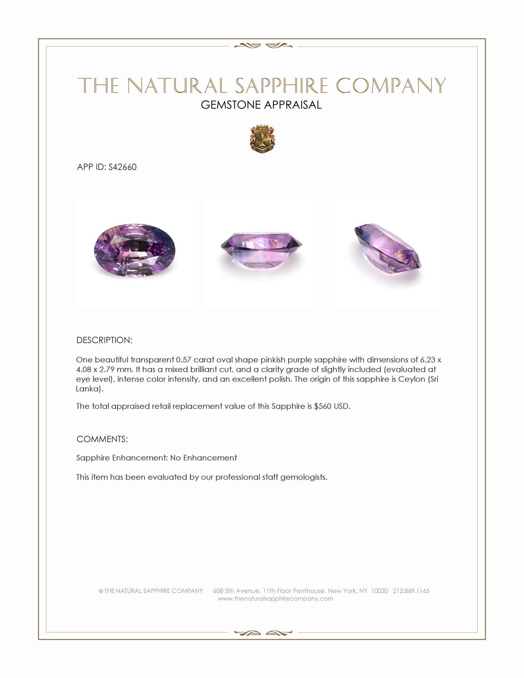 0.57 Ct. Pinkish Purple Sapphire from Ceylon (Sri Lanka)