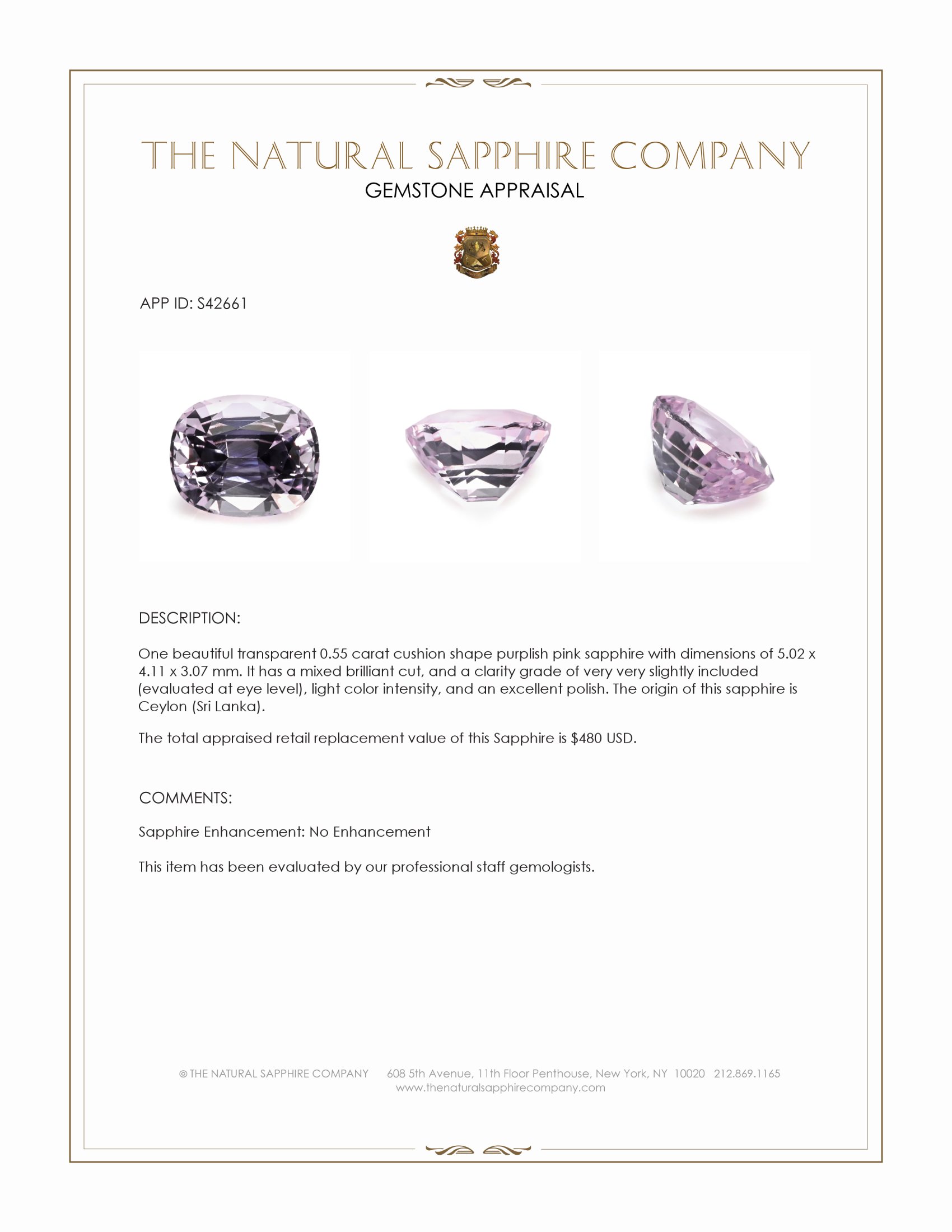 0.55 Ct. Purplish Pink Sapphire from Ceylon (Sri Lanka)