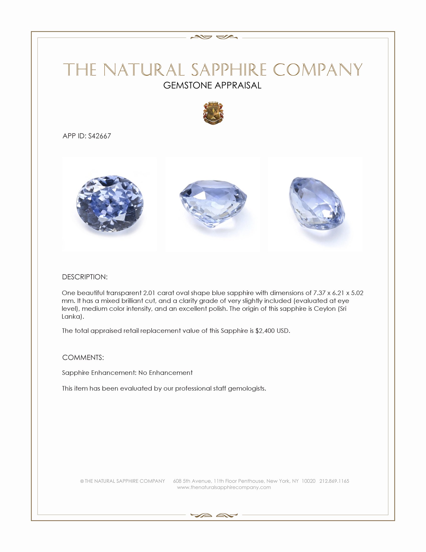 2.01 Ct. Blue Sapphire from Ceylon (Sri Lanka)
