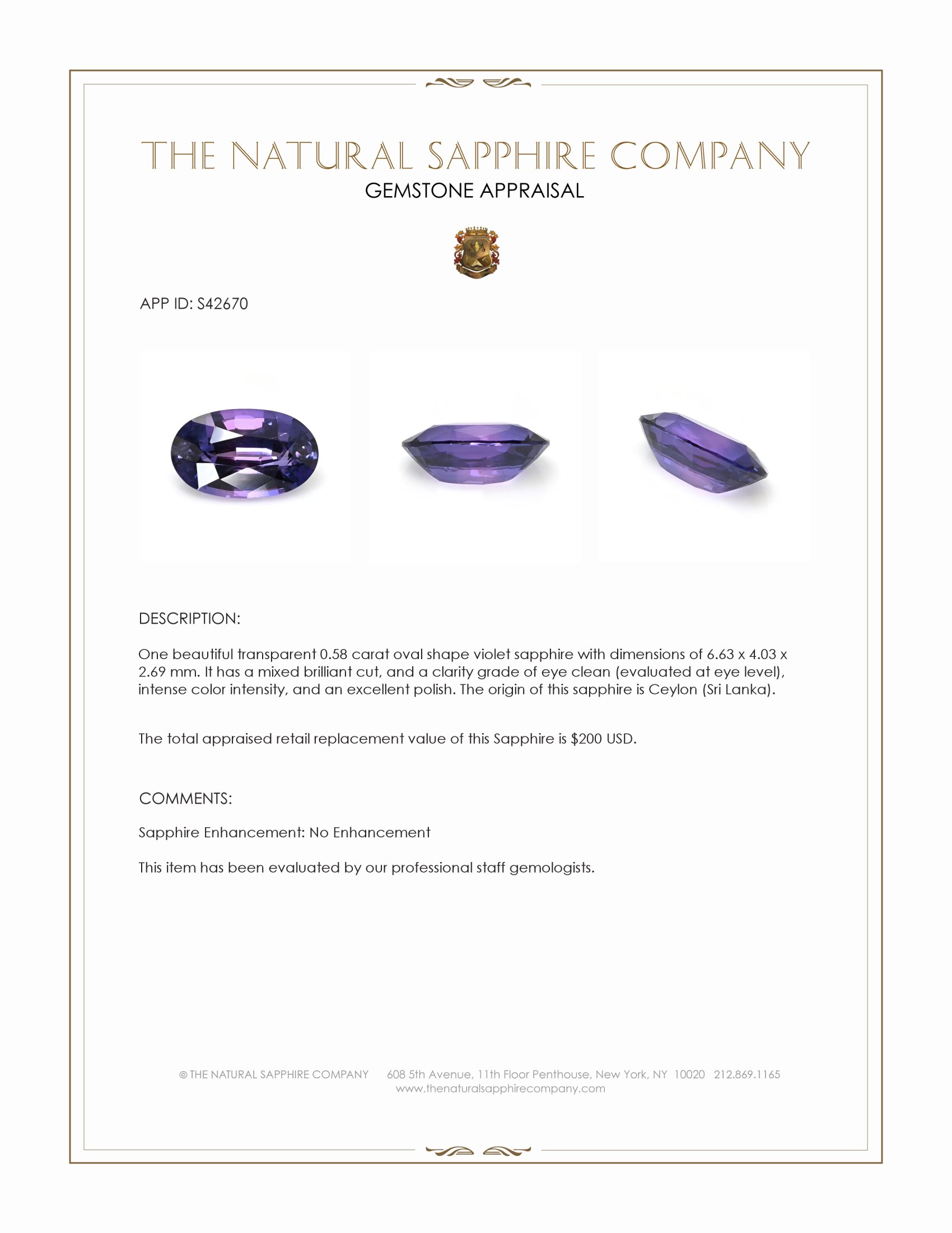 0.58 Ct. Violet Sapphire from Ceylon (Sri Lanka)