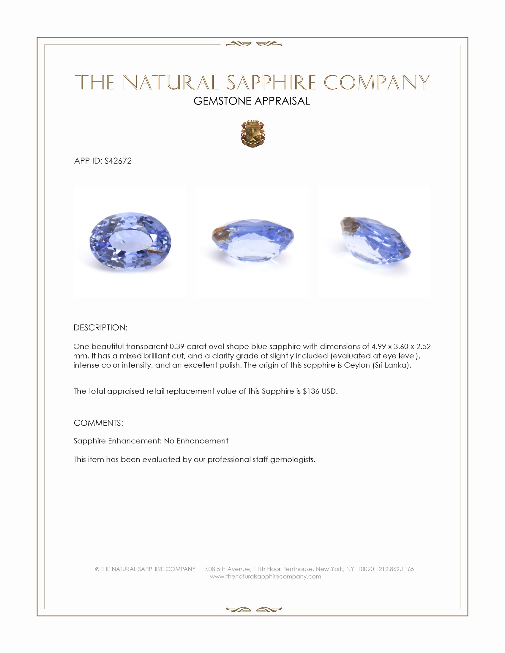 0.39 Ct. Blue Sapphire from Ceylon (Sri Lanka)