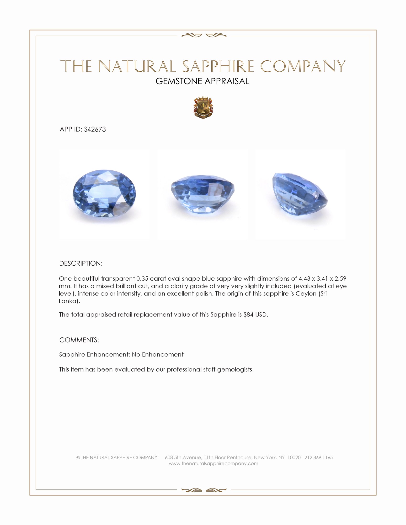 0.35 Ct. Blue Sapphire from Ceylon (Sri Lanka)