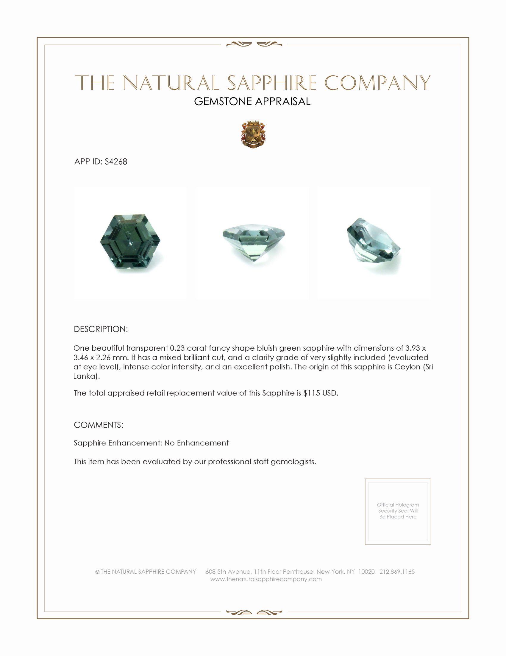 0.23 Ct. Bluish Green Sapphire from Ceylon (Sri Lanka)