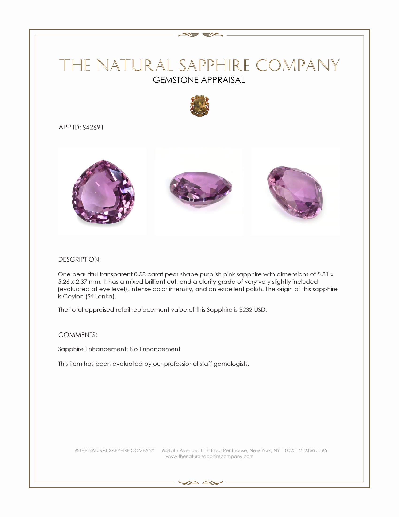 0.58 Ct. Purplish Pink Sapphire from Ceylon (Sri Lanka)