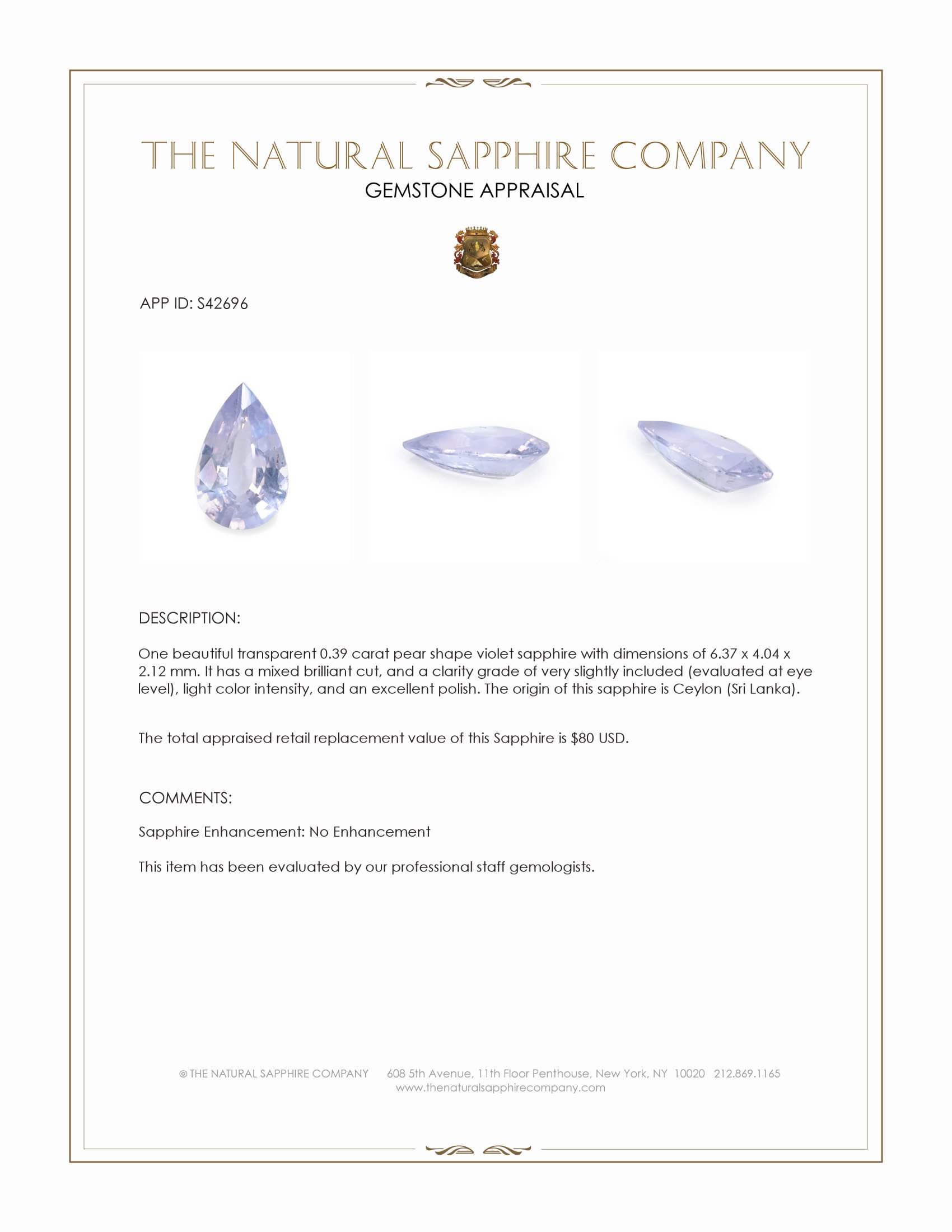 0.39 Ct. Violet Sapphire from Ceylon (Sri Lanka)