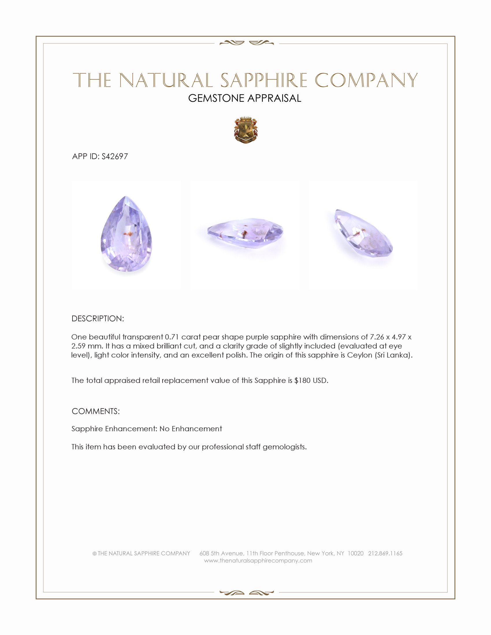 0.71 Ct. Purple Sapphire from Ceylon (Sri Lanka)