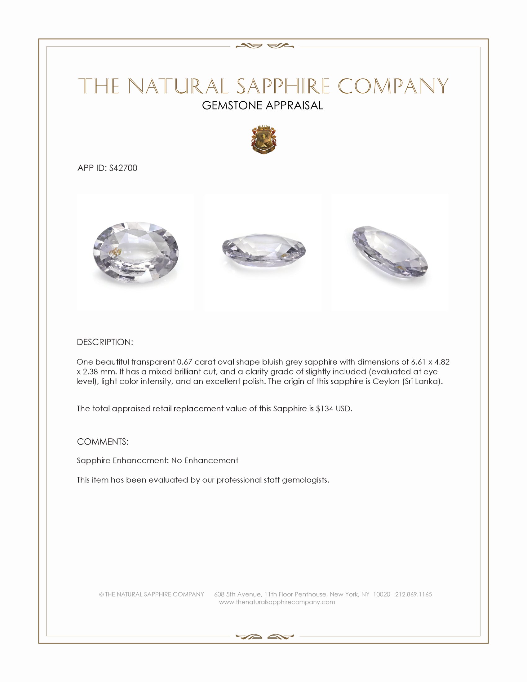 0.67 Ct. Bluish Grey Sapphire from Ceylon (Sri Lanka)