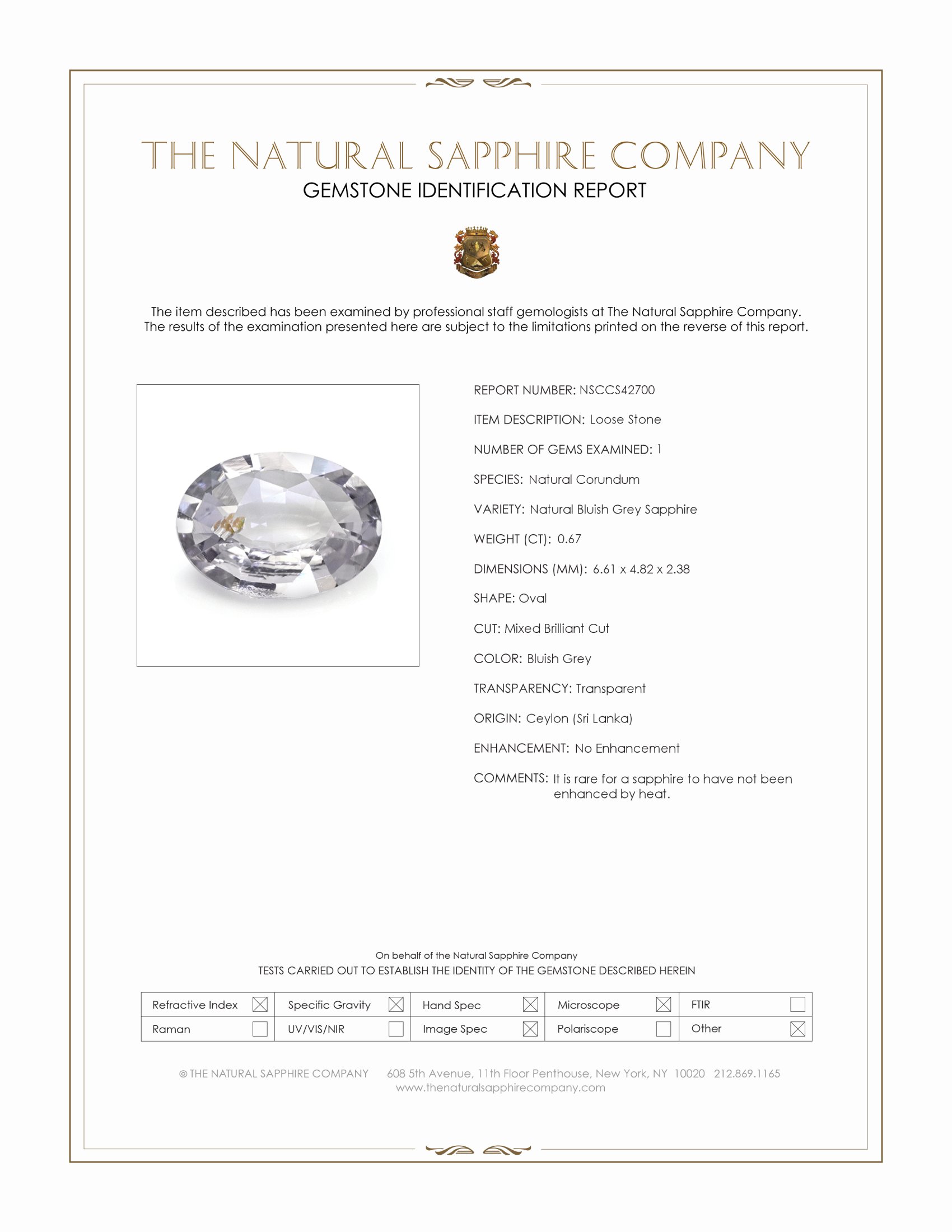 0.67 Ct. Bluish Grey Sapphire from Ceylon (Sri Lanka)