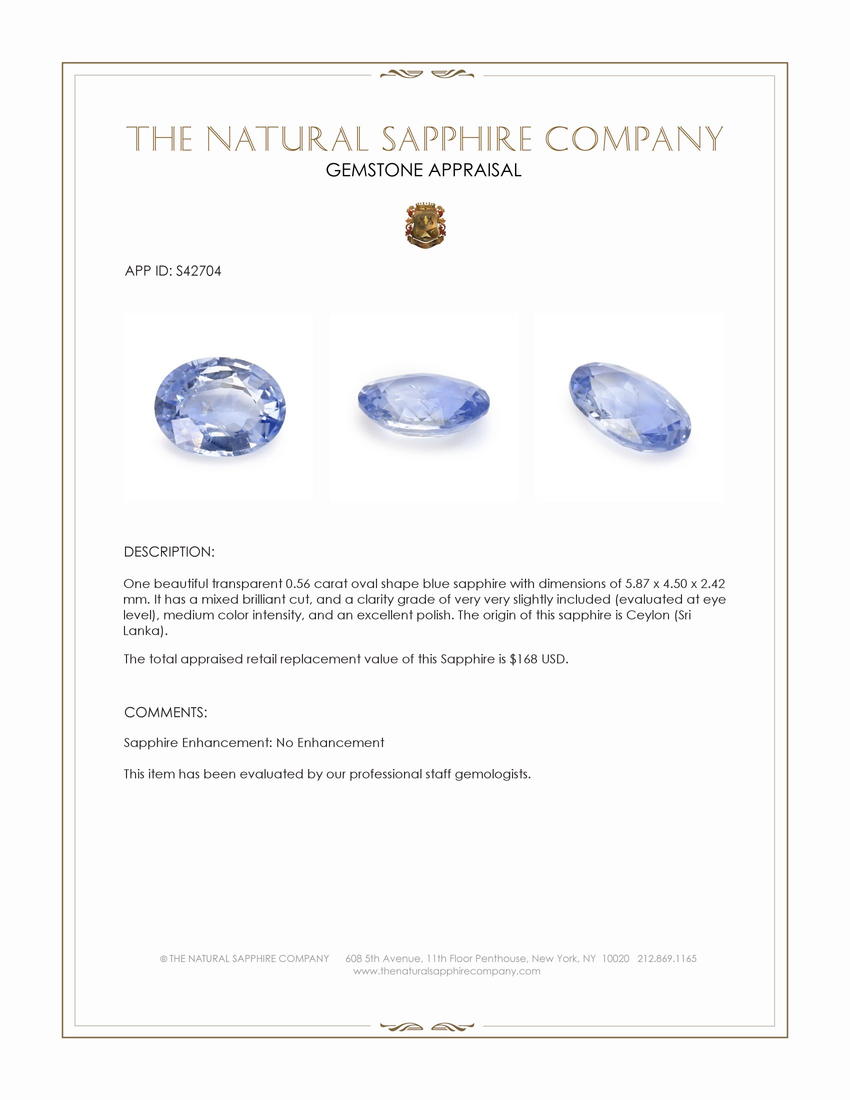 0.56 Ct. Blue Sapphire from Ceylon (Sri Lanka)