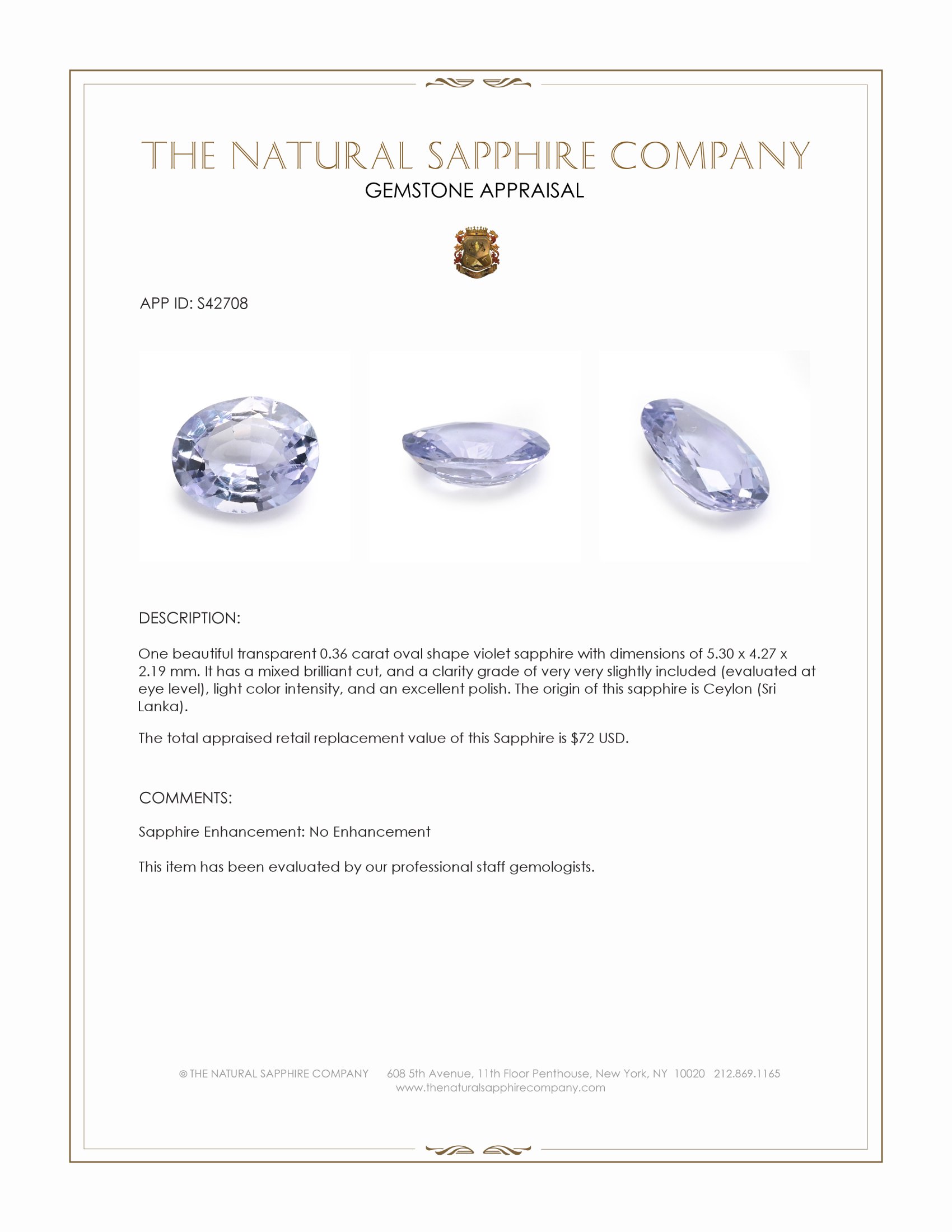 0.36 Ct. Violet Sapphire from Ceylon (Sri Lanka)