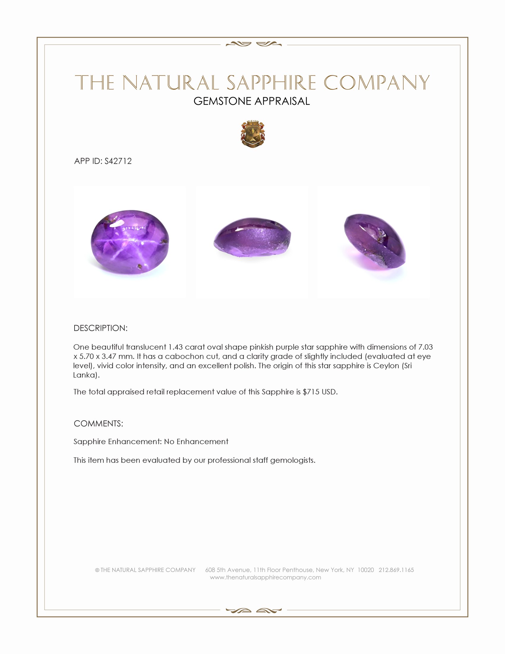 1.43 Ct. Pinkish Purple Star Sapphire from Ceylon (Sri Lanka)